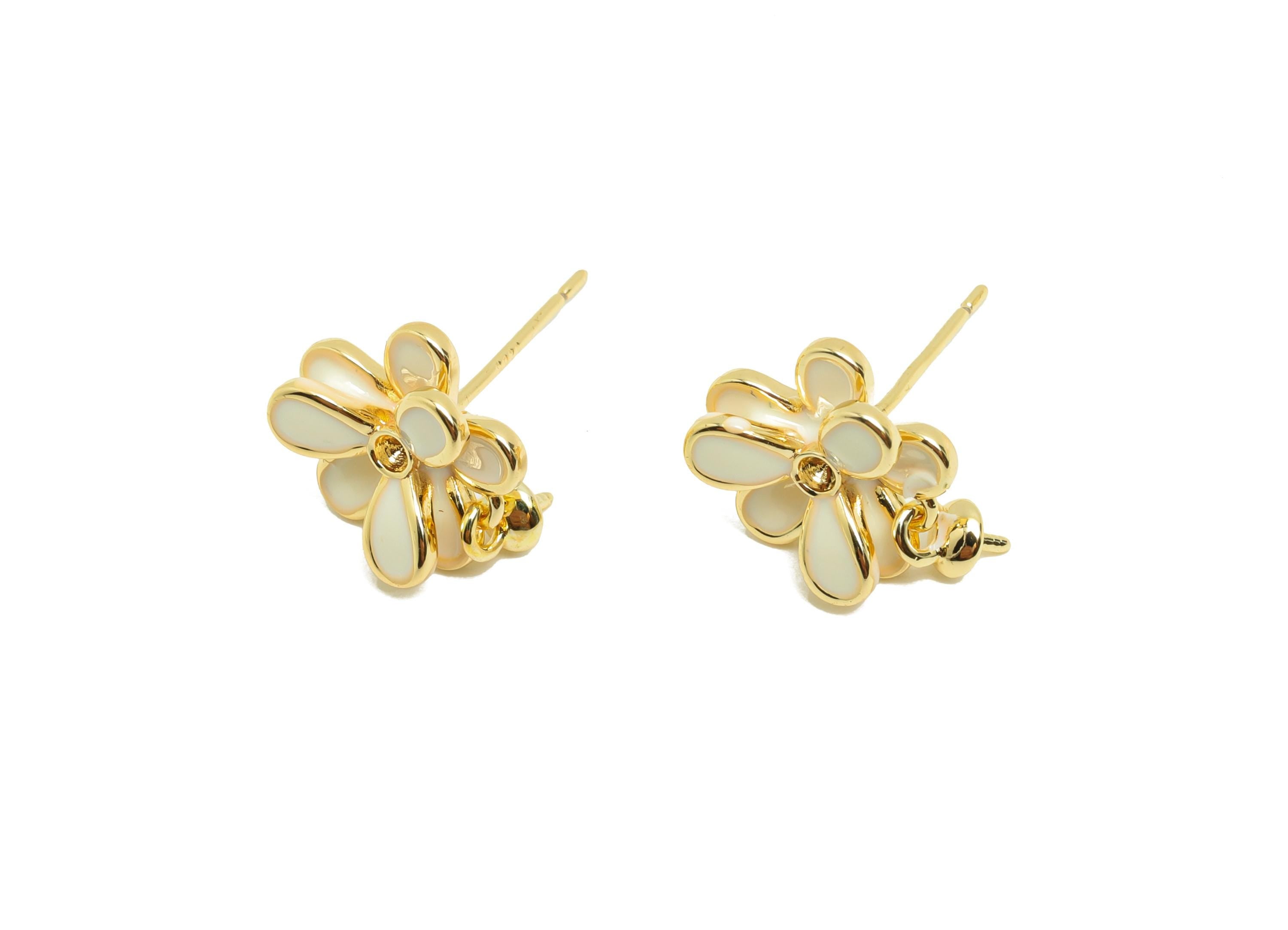 Brass Flower Earring Stud - Brass Enamel Earring Post For Pearl  - Gold Jewelry -925 Silver Post - 18K Real Gold Plated - 14x11x4mm -RGP9979 - DOMEDBAZAAR