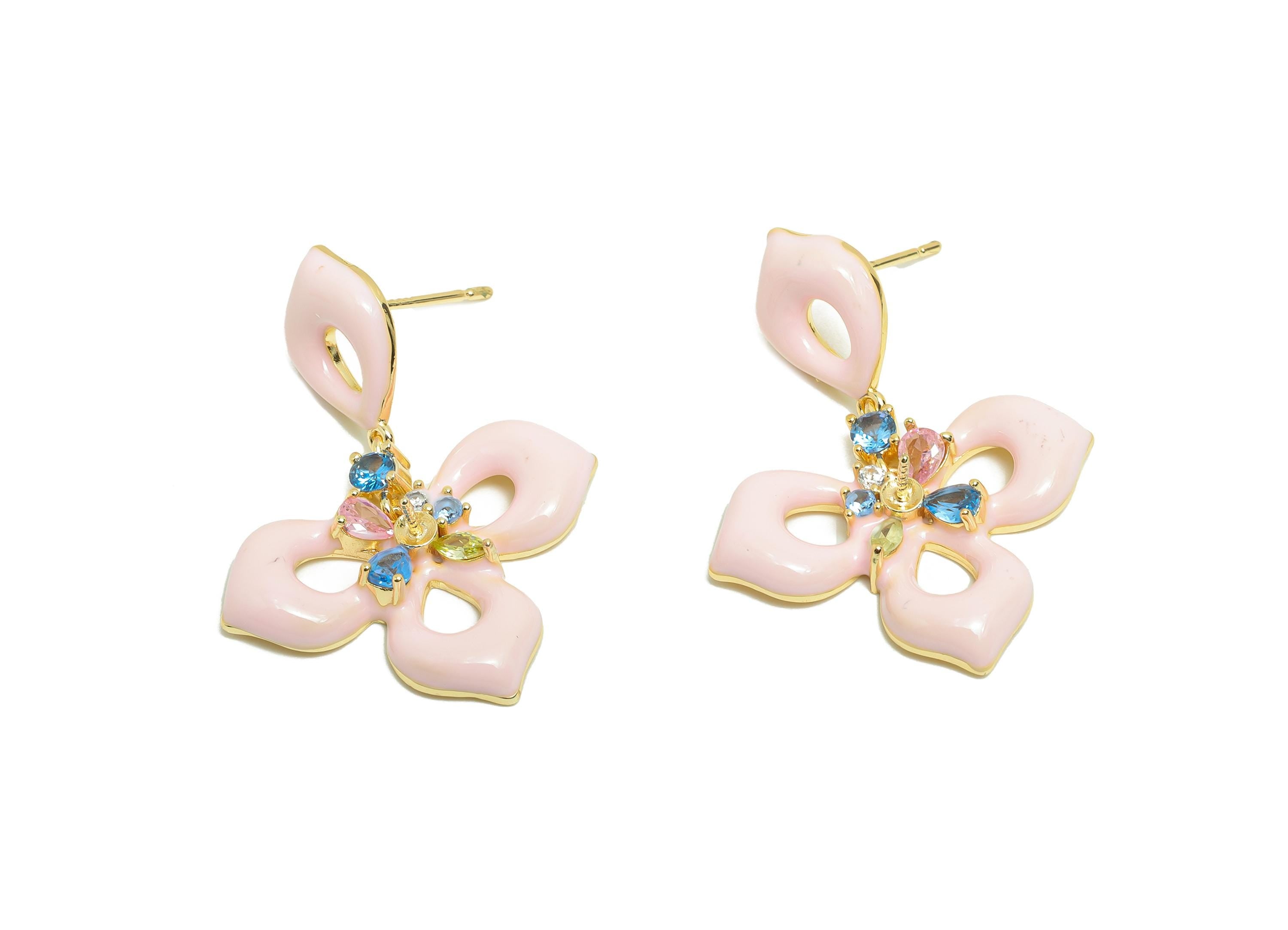 Brass Flower Earring Stud - Rainbow Zircon Enamel Earring Post - Gold Jewelry - Silver Post - 18K Real Gold Plated - 35x26.9x4mm - RGP9970 - DOMEDBAZAAR