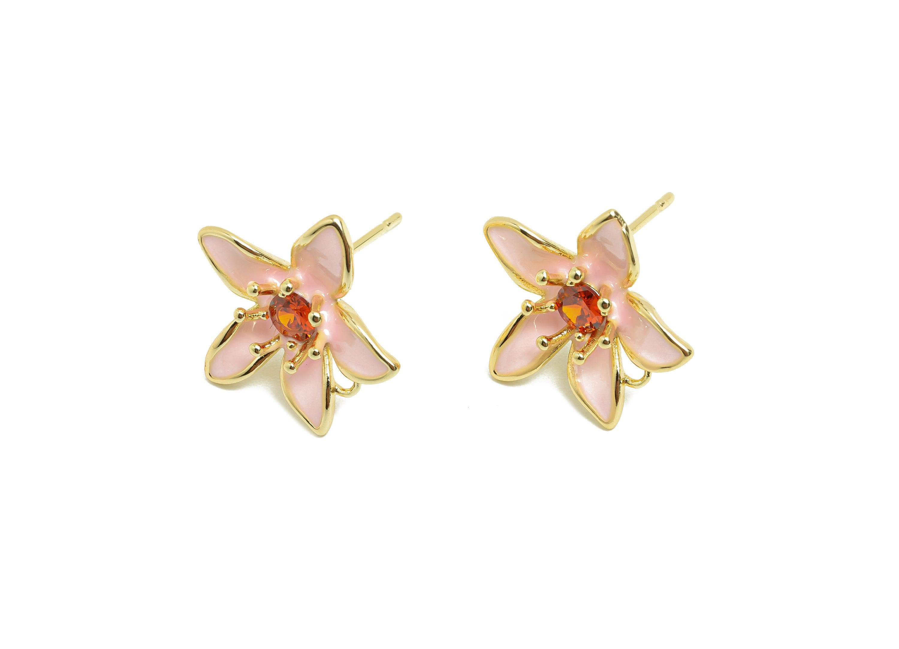 Brass Flower Earring Stud - Brass Pink Enamel Earring Post - Gold Jewelry - Zircon Earring Post - 18K Real Gold Plated - 15x15x5mm - RGP9974 - DOMEDBAZAAR