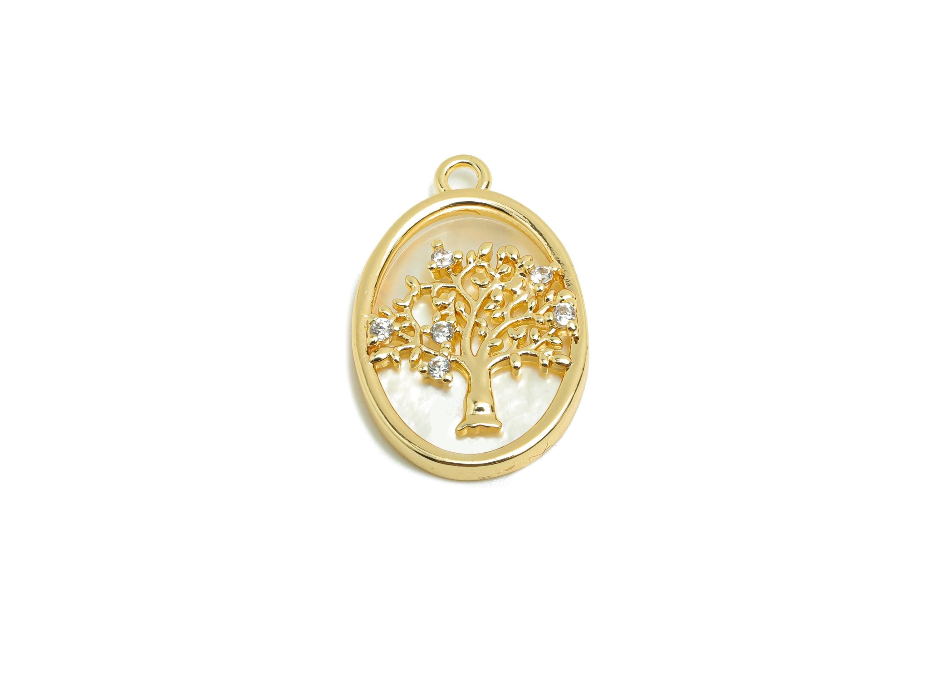 Brass Shell  Earring Charm - Brass Cubic Zircon Tree Charm - Vintage Charm - Zircon Pendant - 18K Real Gold Plated - 20x13x2mm- RGP9998 - DOMEDBAZAAR