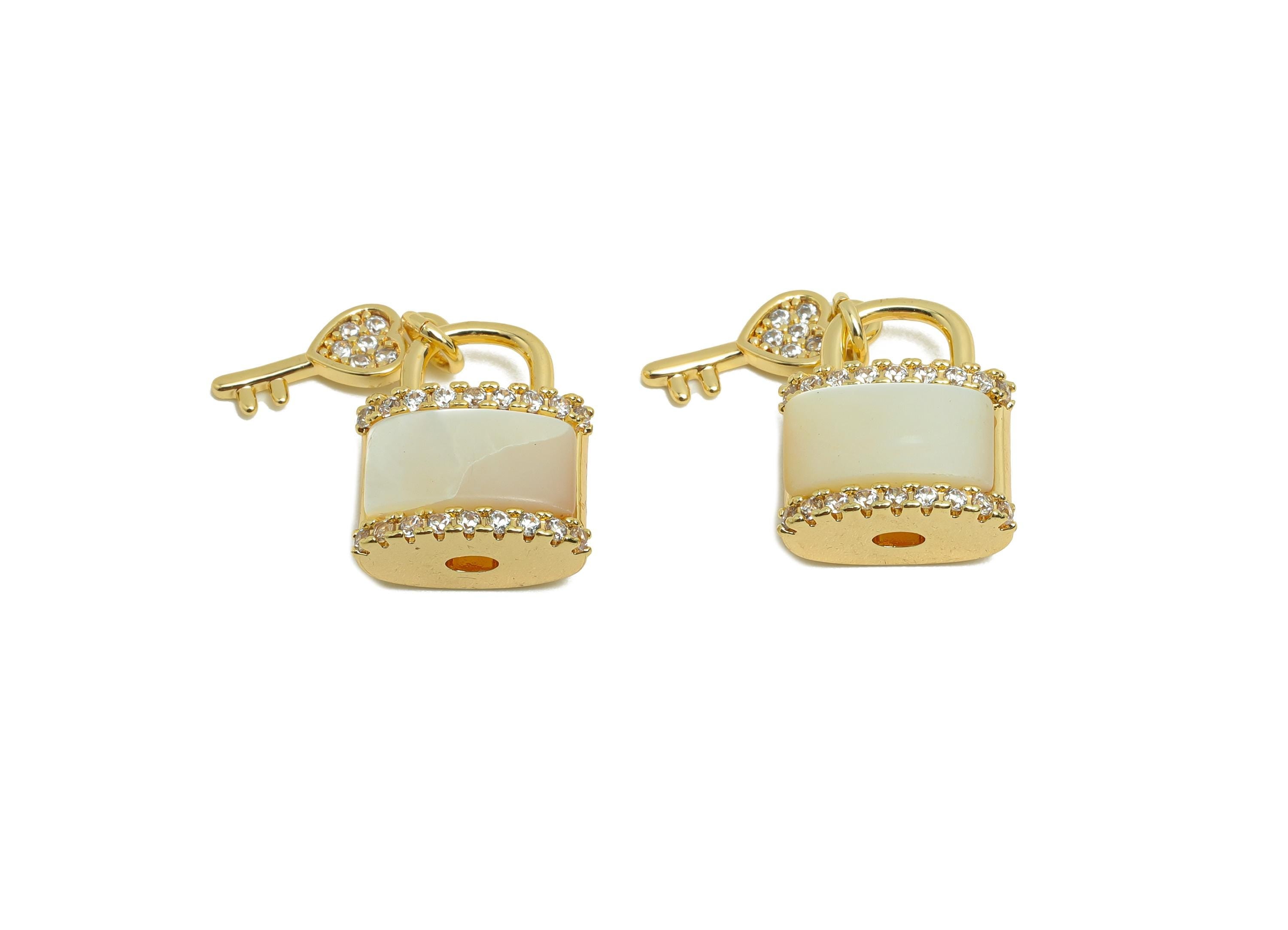 Brass Shell Earring Charm - Brass Lock Key Shell  Charm - Vintage Charm - Heart  Zircon Pendant - 18K Real Gold Plated - 13x11x6mm - RGP9975 - DOMEDBAZAAR