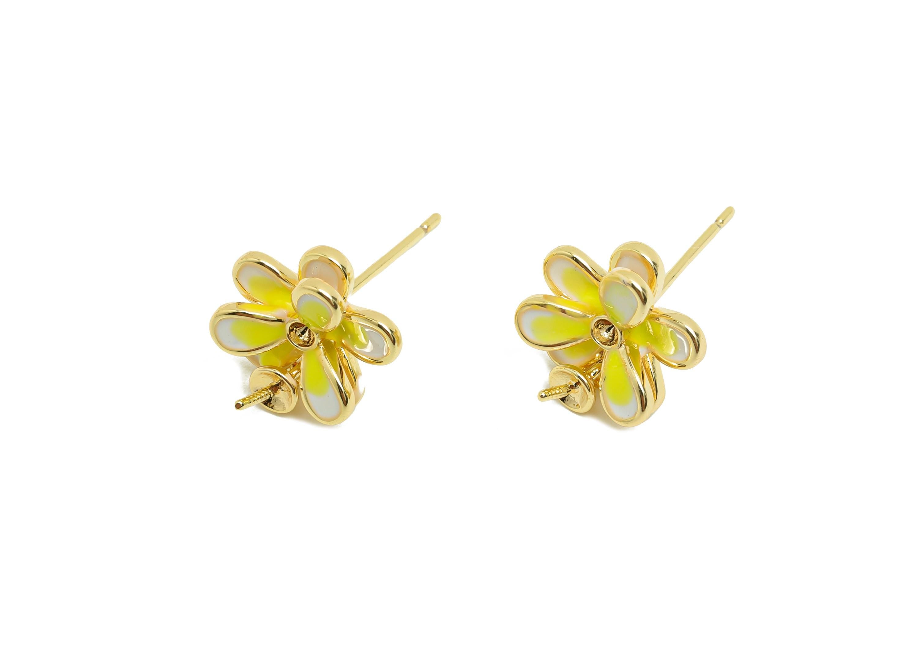 Brass Flower Earring Stud - Brass Enamel Earring Post - Gold Jewelry - Brass Pearl Setting - 18K Real Gold Plating - 14x11.7x4.5mm - RGP9978 - DOMEDBAZAAR