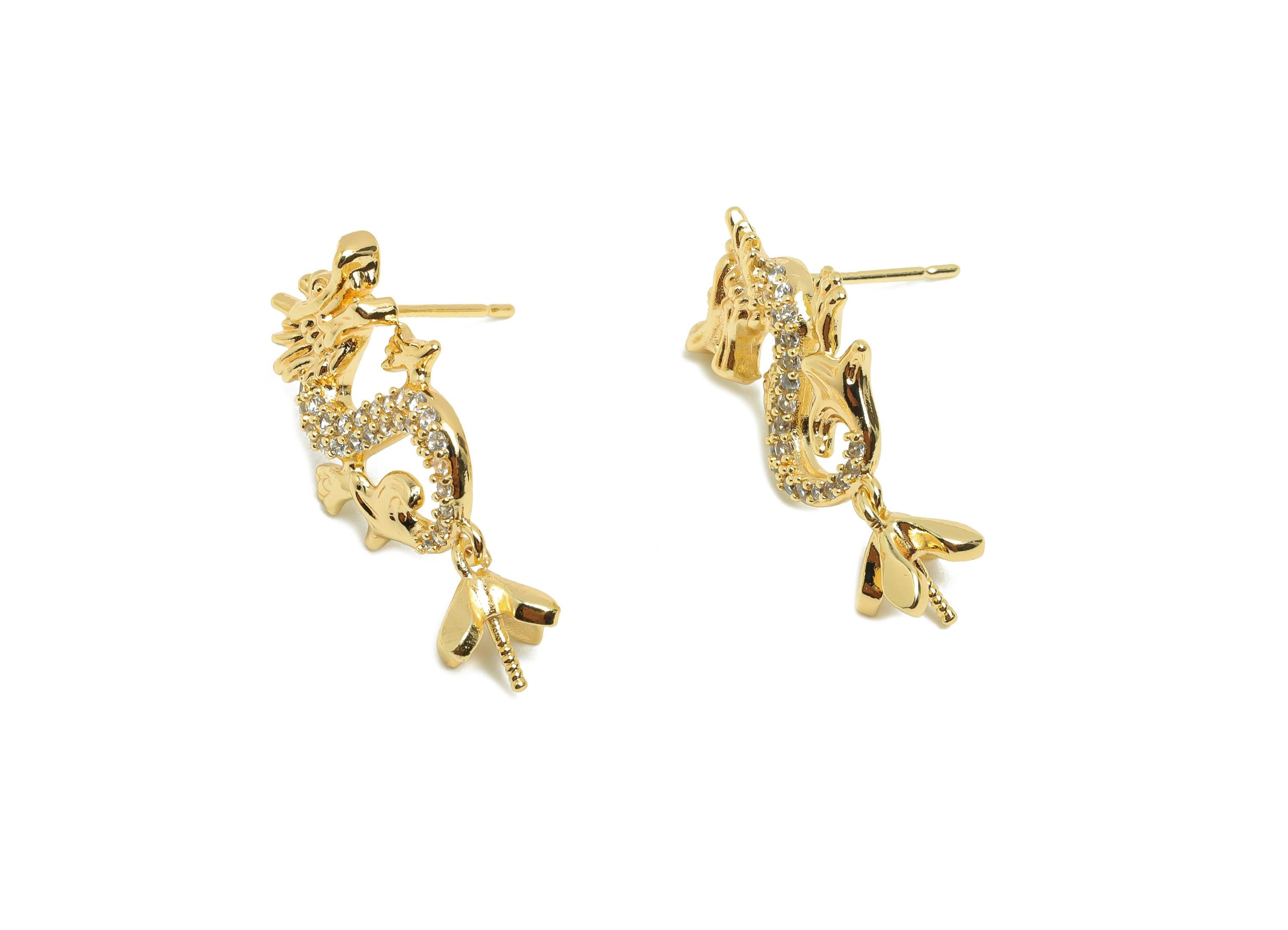 Brass CZ Earring Stud - Brass Zircon Dragon Earring Post - Pearl Setting Post - Gold Jewelry - 18K Real Gold Plating - 25x12x5mm - RGP9988 - DOMEDBAZAAR