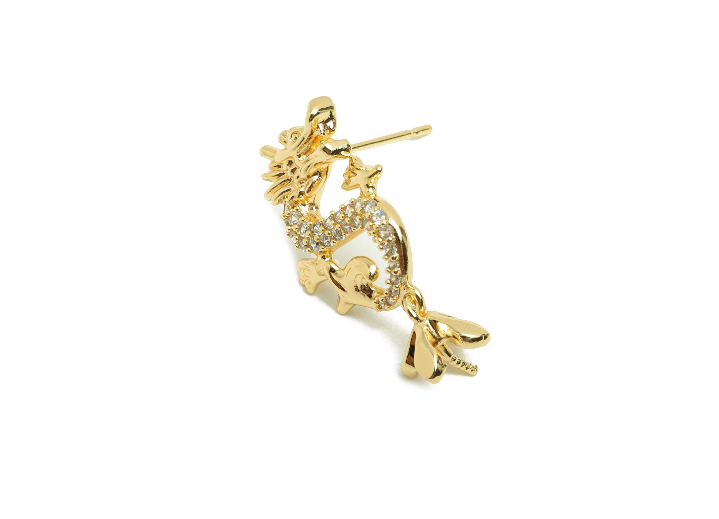 Brass CZ Earring Stud - Brass Zircon Dragon Earring Post - Pearl Setting Post - Gold Jewelry - 18K Real Gold Plating - 25x12x5mm - RGP9988 - DOMEDBAZAAR