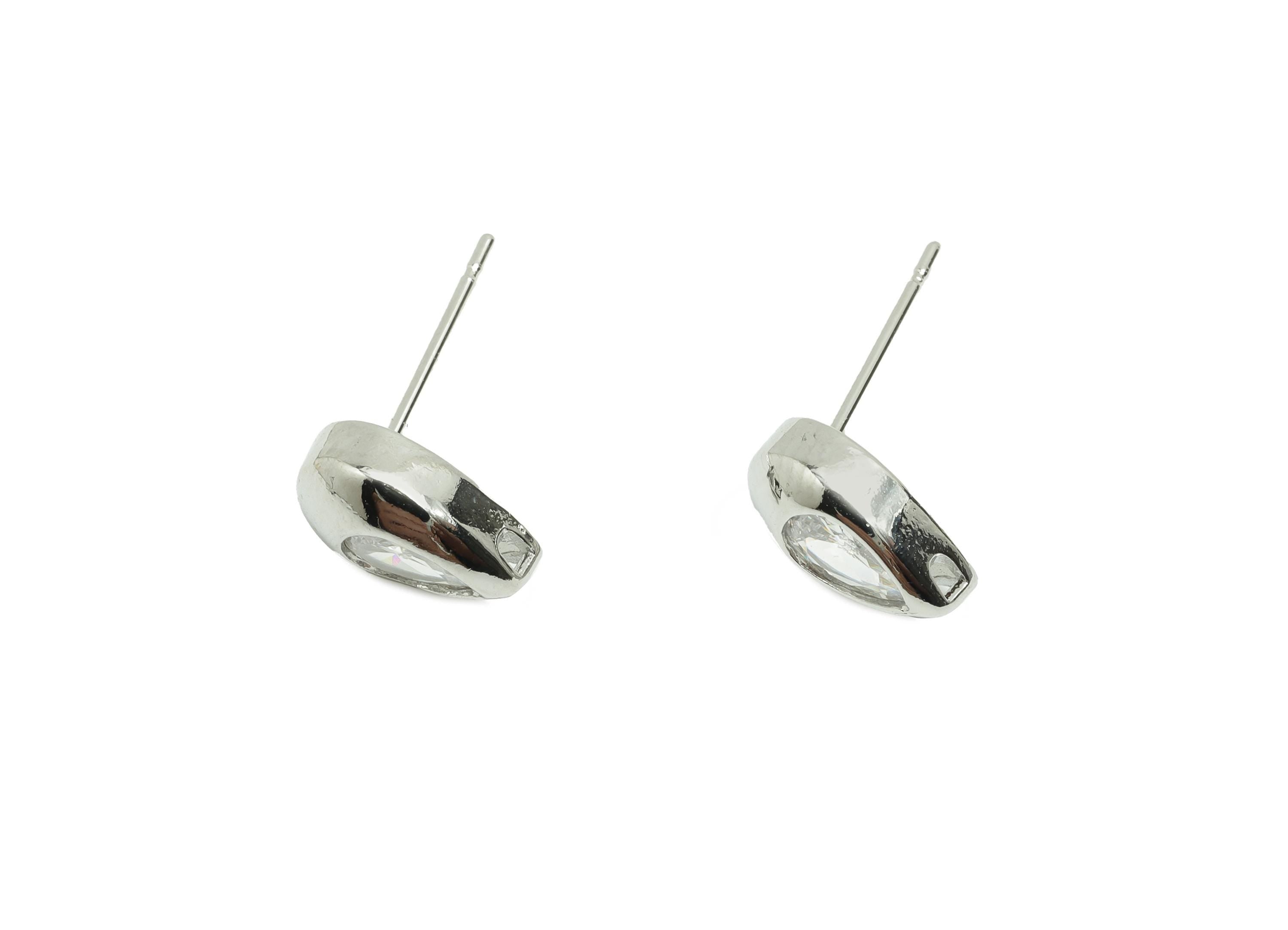 Brass CZ Earring Stud - Brass Zircon Teardrop Earring Post - Geometry Post - Gold Jewelry - 18K Real White Gold Plating - 10x6x4mm - RGP9986 - DOMEDBAZAAR