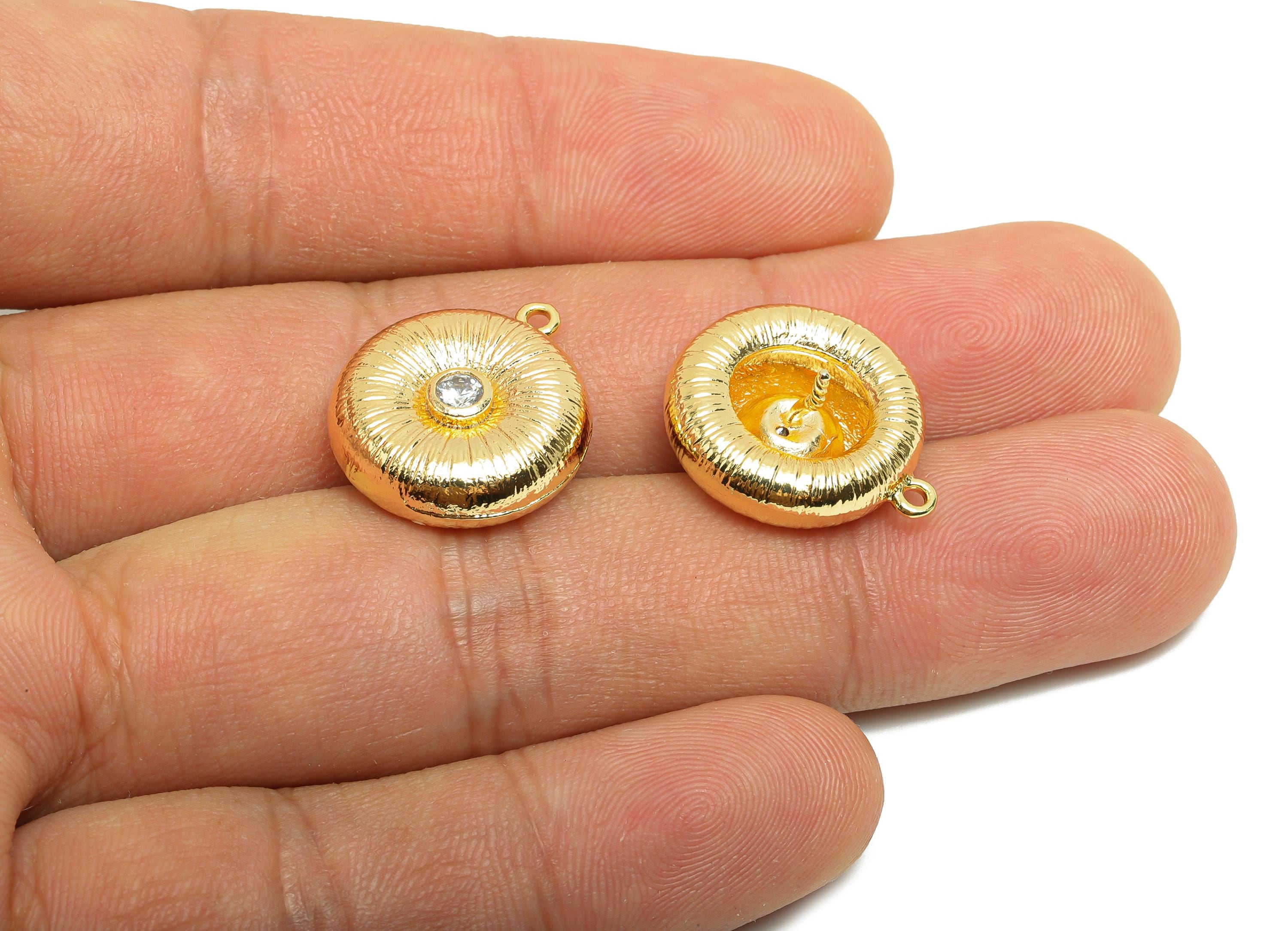 Brass CZ Earring Charm - Brass Textured Round Charm - Pearl Setting - Brass Zircon Pendant - 18K Real Gold Plating -19.8x17.3x5mm - RGP9997 - DOMEDBAZAAR