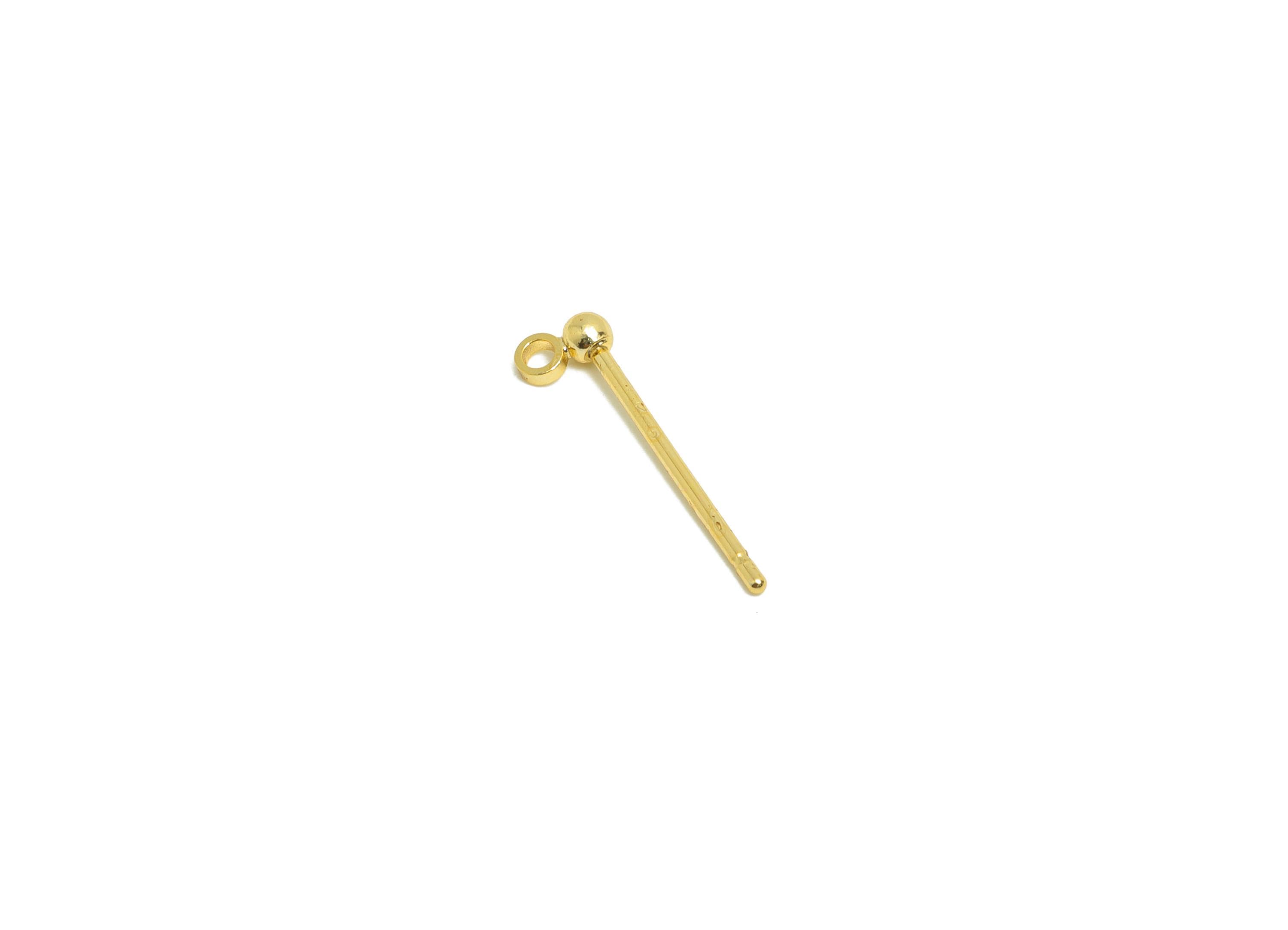 2mm Ball Earring Stud - Brass Mini Ball Earring for Girl&#39;s - Gold Tiny Earring Post with Loop - 18K Real Gold Plated- 14.2x3.8x2mm-RGP8588-2 - DOMEDBAZAAR