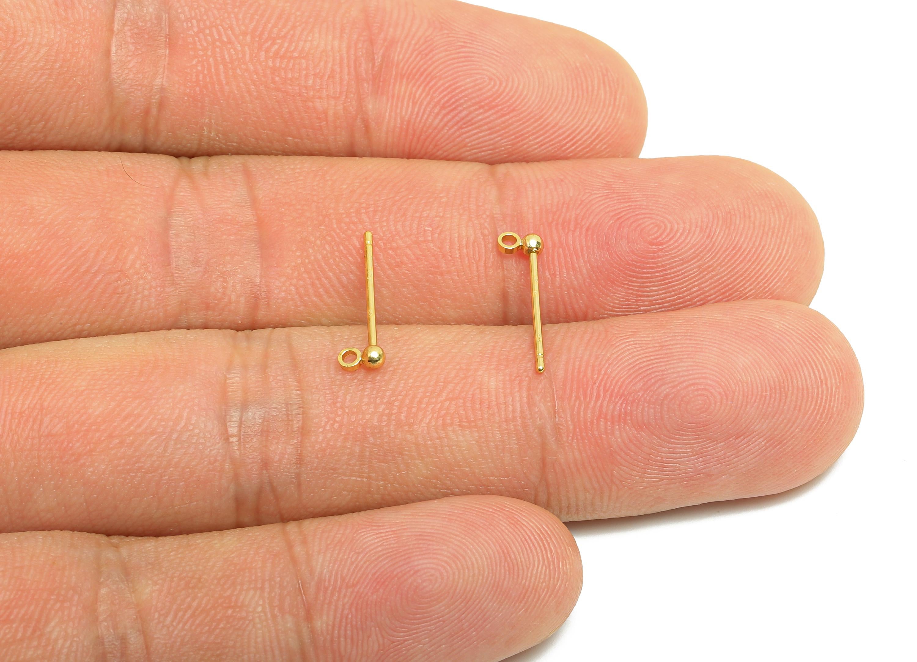2mm Ball Earring Stud - Brass Mini Ball Earring for Girl&#39;s - Gold Tiny Earring Post with Loop - 18K Real Gold Plated- 14.2x3.8x2mm-RGP8588-2 - DOMEDBAZAAR