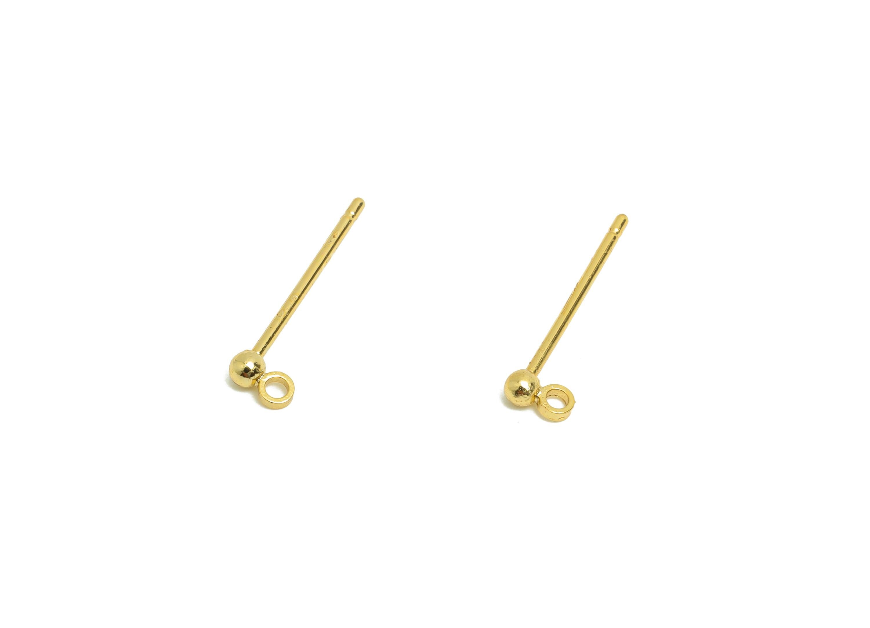 2mm Ball Earring Stud - Brass Mini Ball Earring for Girl&#39;s - Gold Tiny Earring Post with Loop - 18K Real Gold Plated- 14.2x3.8x2mm-RGP8588-2 - DOMEDBAZAAR