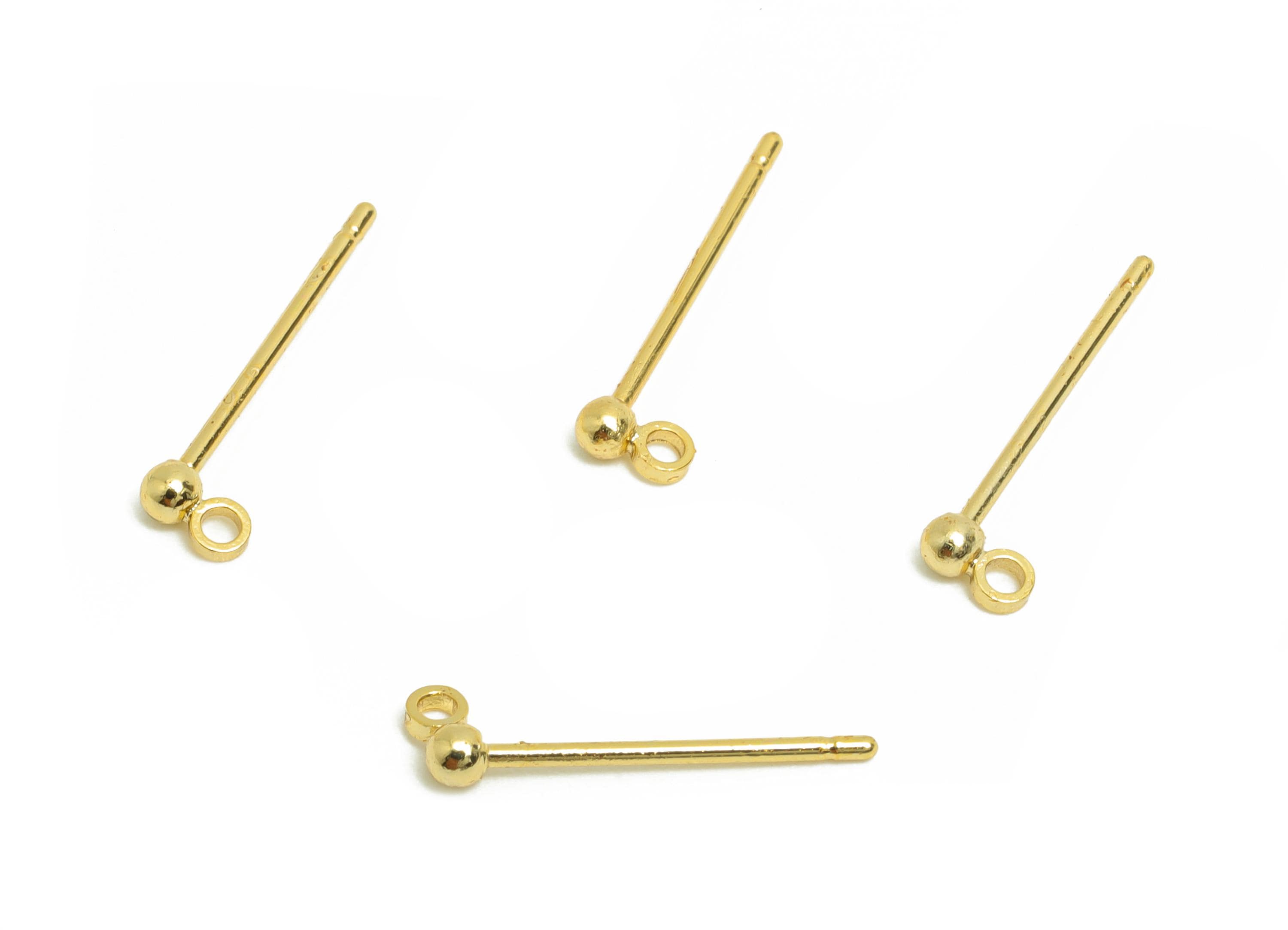 2mm Ball Earring Stud - Brass Mini Ball Earring for Girl&#39;s - Gold Tiny Earring Post with Loop - 18K Real Gold Plated- 14.2x3.8x2mm-RGP8588-2 - DOMEDBAZAAR