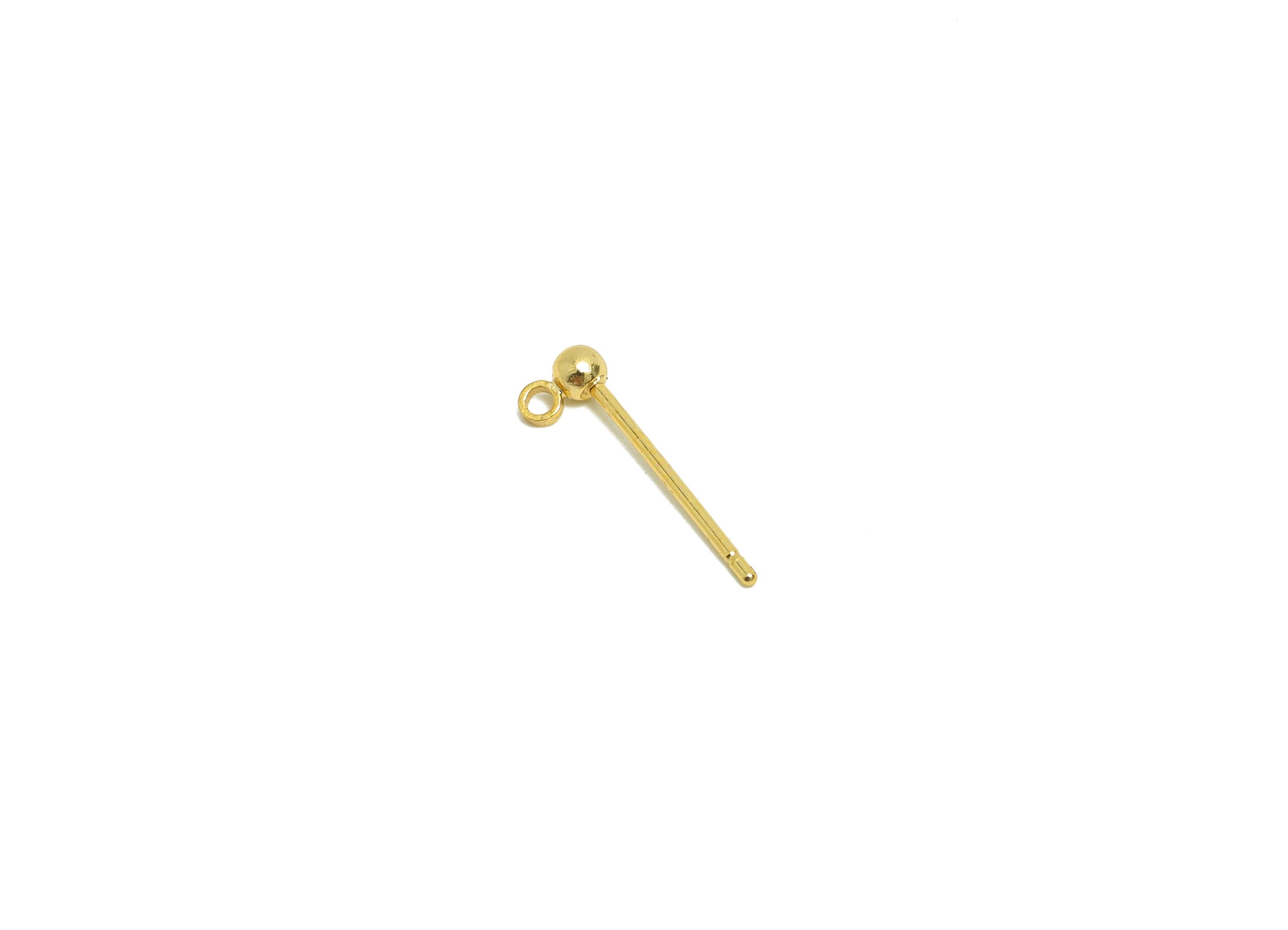 2.5mm Ball Earring Stud - Brass Mini Ball Earring for Girls - Gold Tiny Ear Post with Loop - 18K Real Gold Plated-14.4x4.4x2.5mm-RGP8588-2.5 - DOMEDBAZAAR