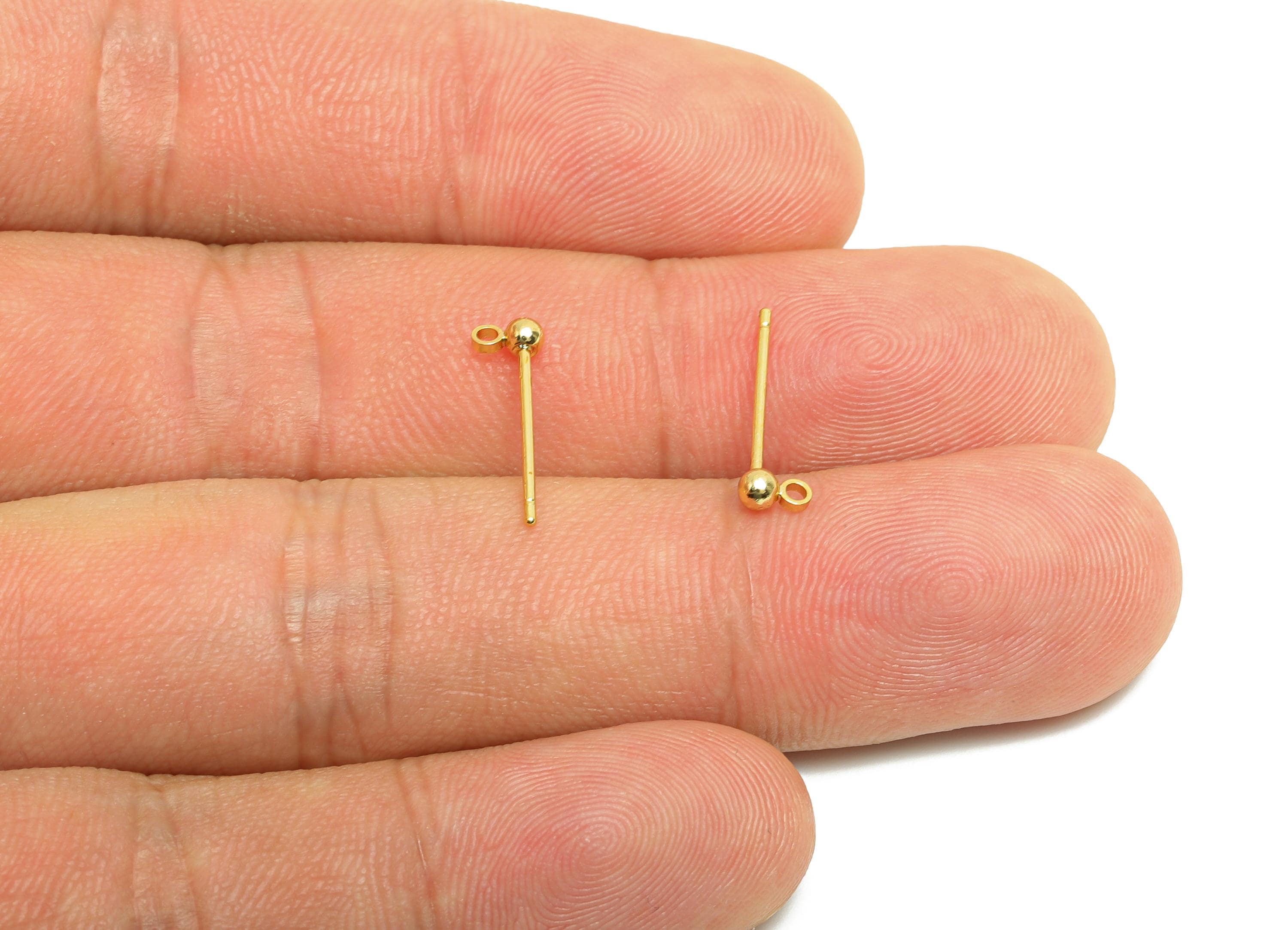2.5mm Ball Earring Stud - Brass Mini Ball Earring for Girls - Gold Tiny Ear Post with Loop - 18K Real Gold Plated-14.4x4.4x2.5mm-RGP8588-2.5 - DOMEDBAZAAR