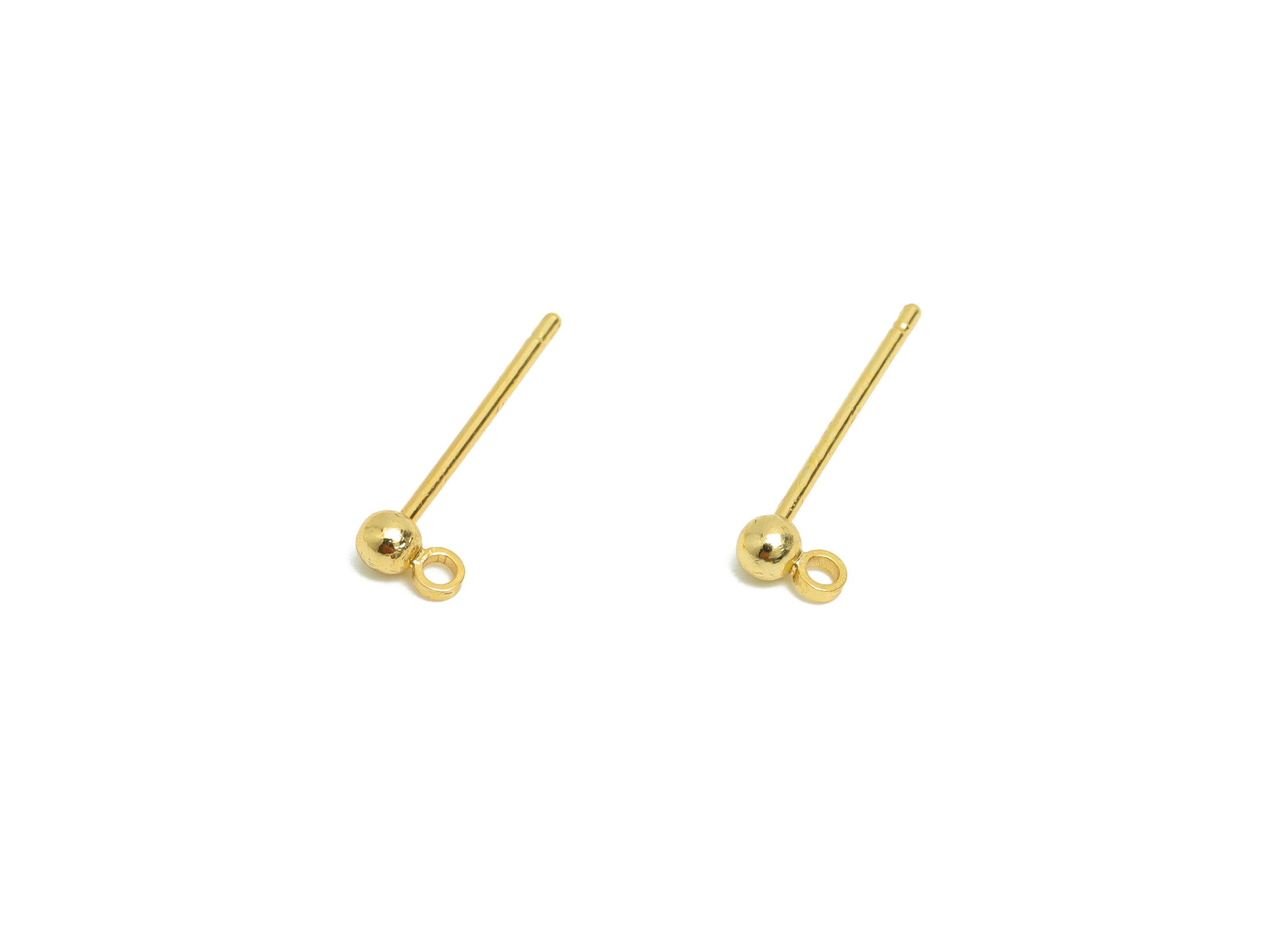 2.5mm Ball Earring Stud - Brass Mini Ball Earring for Girls - Gold Tiny Ear Post with Loop - 18K Real Gold Plated-14.4x4.4x2.5mm-RGP8588-2.5 - DOMEDBAZAAR