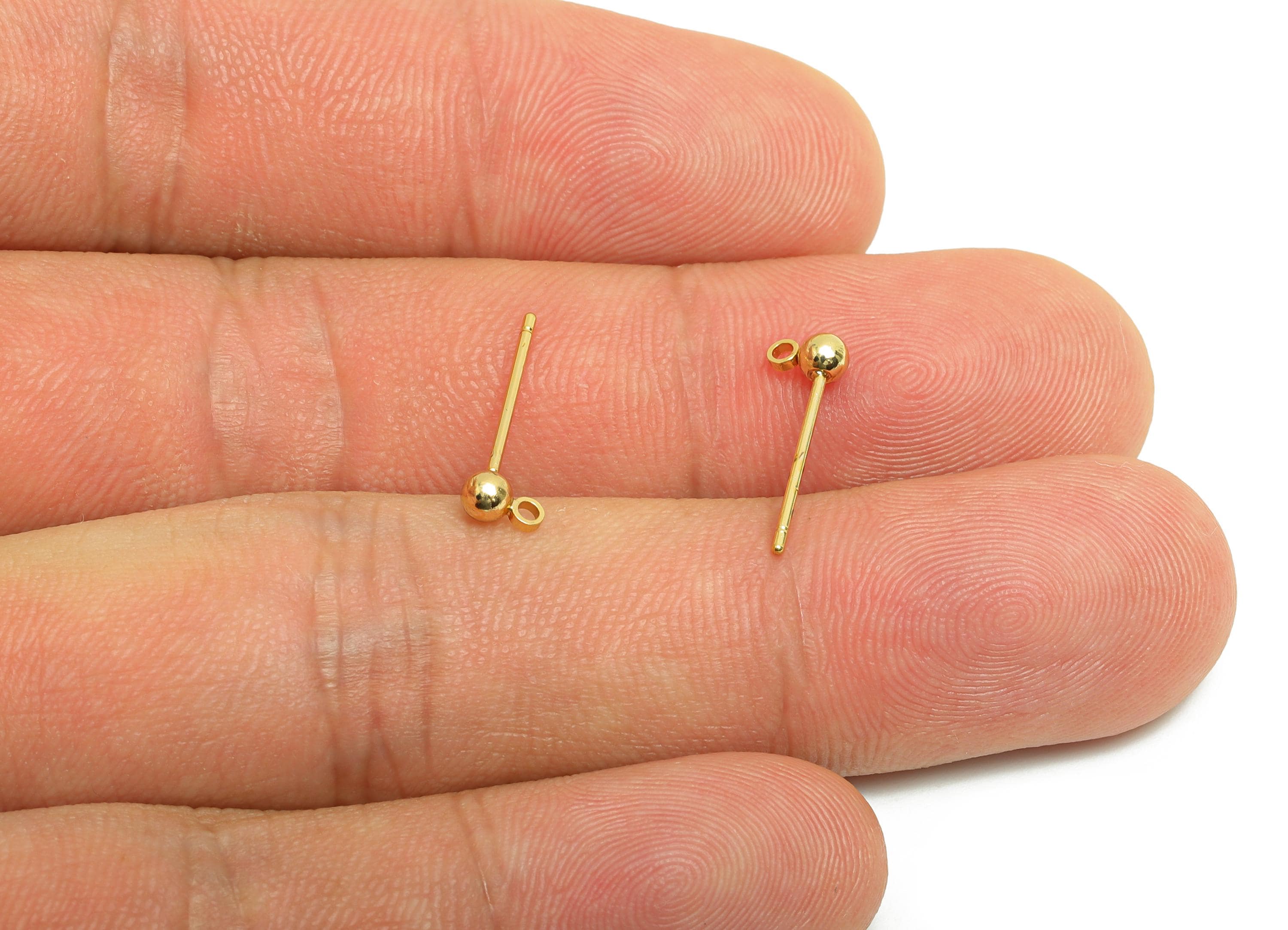 3mm Ball Earring Stud - Brass Mini Ball Earring for Girl&#39;s - Gold Tiny Earring Post with Loop - 18K Real Gold Plated- 15.5x4.9x3mm-RGP8588-3 - DOMEDBAZAAR