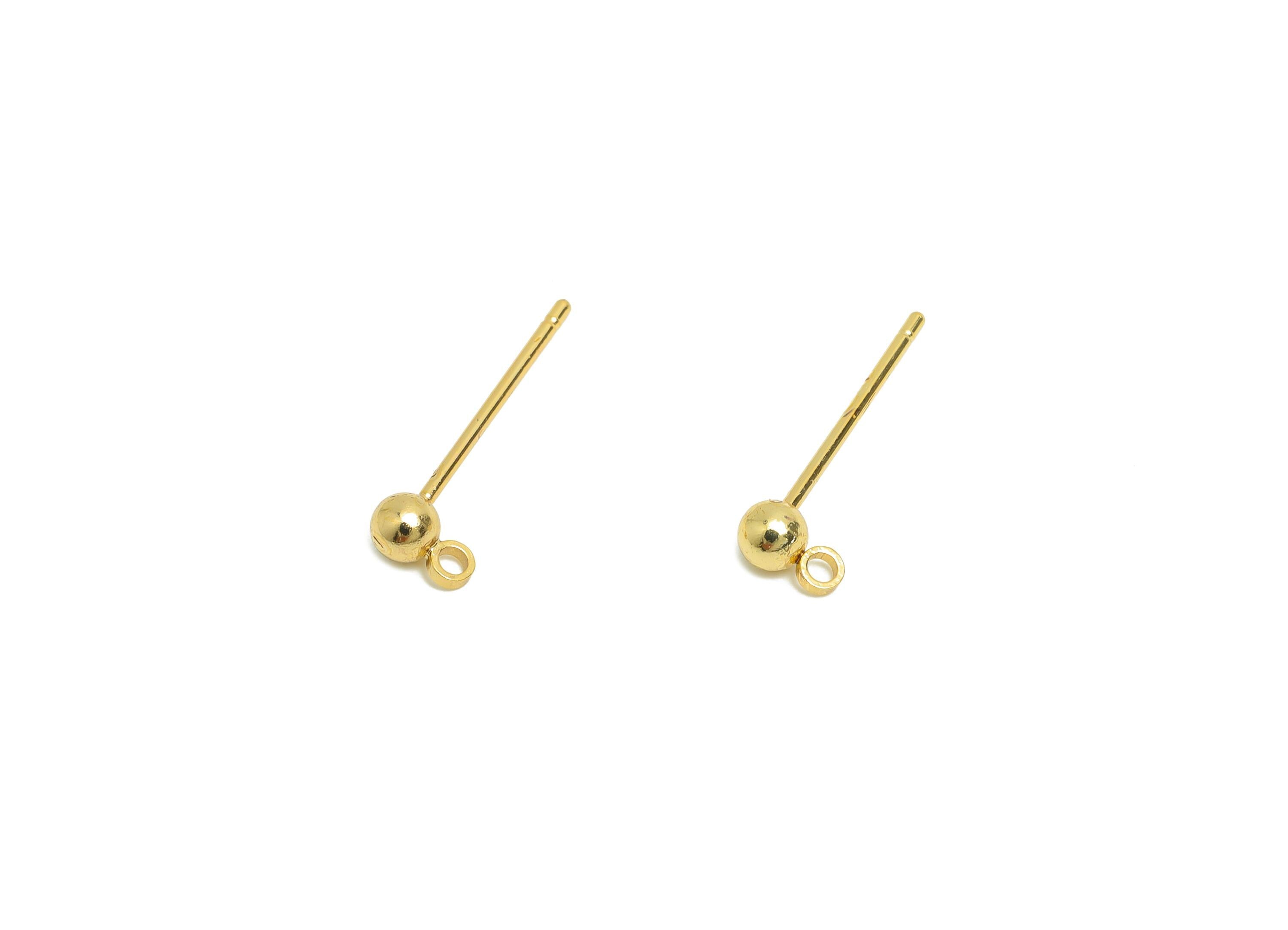 3mm Ball Earring Stud - Brass Mini Ball Earring for Girl&#39;s - Gold Tiny Earring Post with Loop - 18K Real Gold Plated- 15.5x4.9x3mm-RGP8588-3 - DOMEDBAZAAR