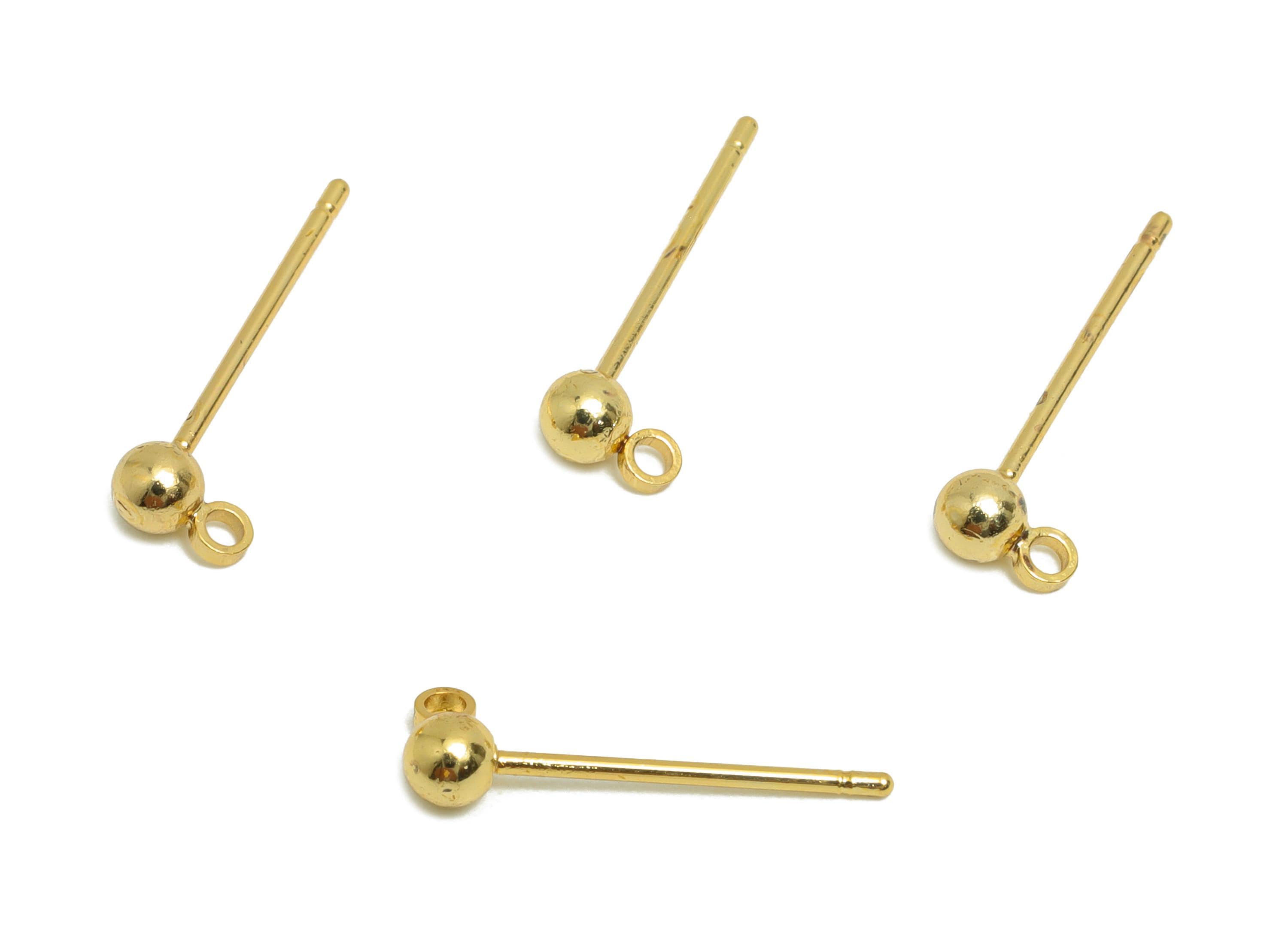 3mm Ball Earring Stud - Brass Mini Ball Earring for Girl&#39;s - Gold Tiny Earring Post with Loop - 18K Real Gold Plated- 15.5x4.9x3mm-RGP8588-3 - DOMEDBAZAAR