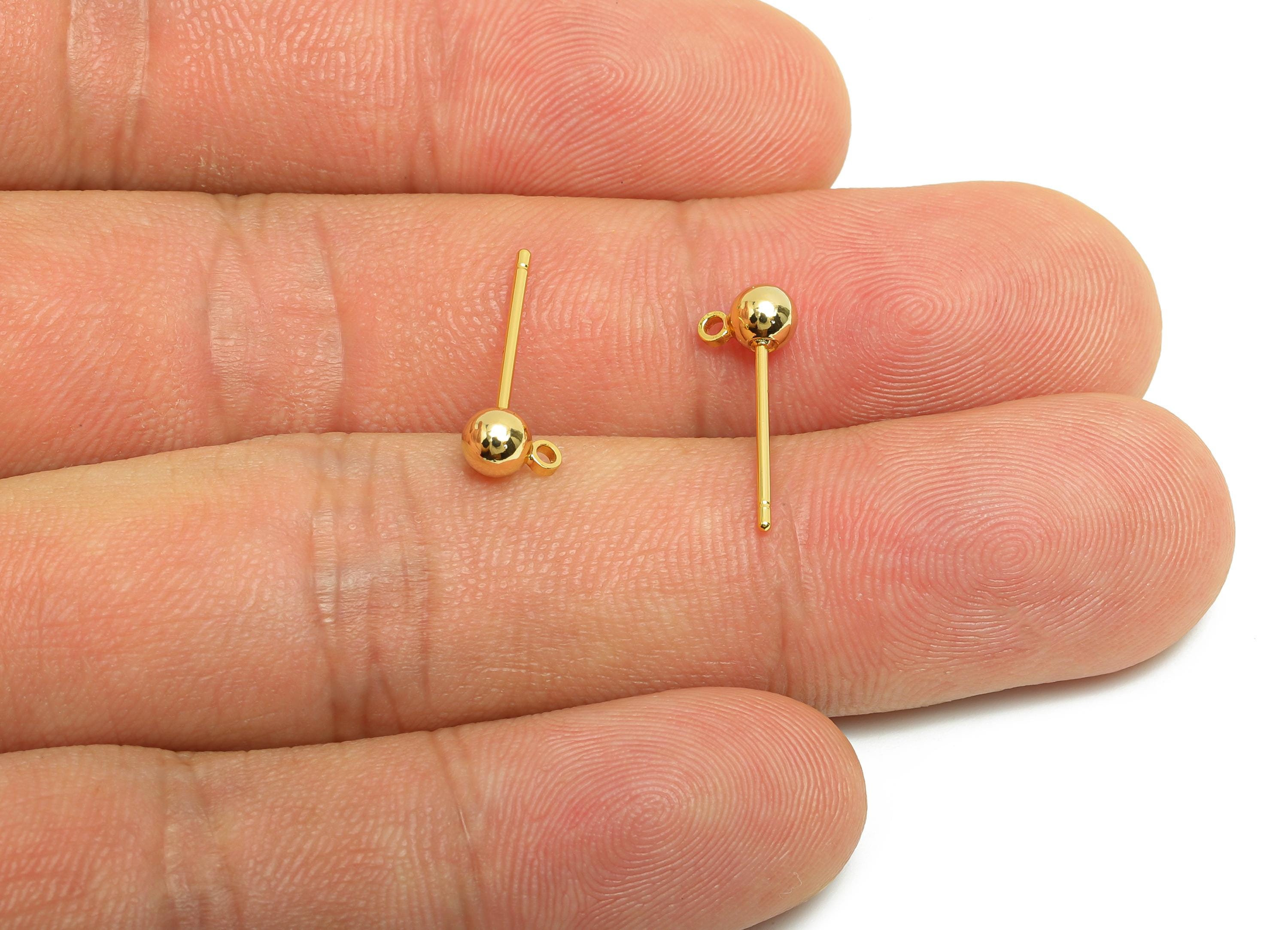 4mm Ball Earring Stud - Brass Mini Ball Earring for Girl&#39;s - Gold Tiny Earring Post with Loop - 18K Real Gold Plated- 16.5x6x4mm -RGP8588-4 - DOMEDBAZAAR