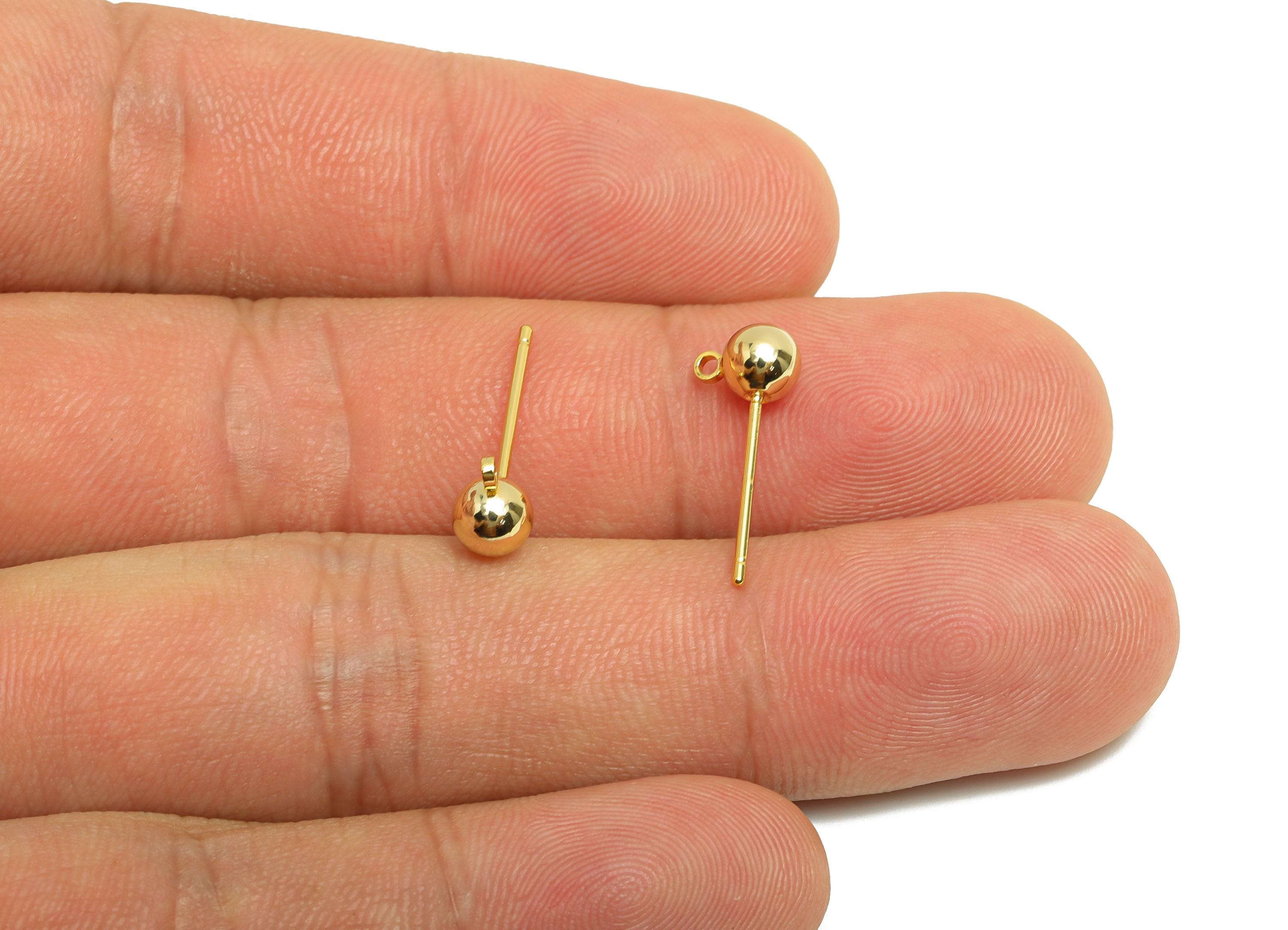 5mm Ball Earring Stud - Brass Mini Ball Earring for Girl&#39;s - Gold Tiny Earring Post with Loop - 18K Real Gold Plated- 17.8x7x5mm -RGP8588-5 - DOMEDBAZAAR