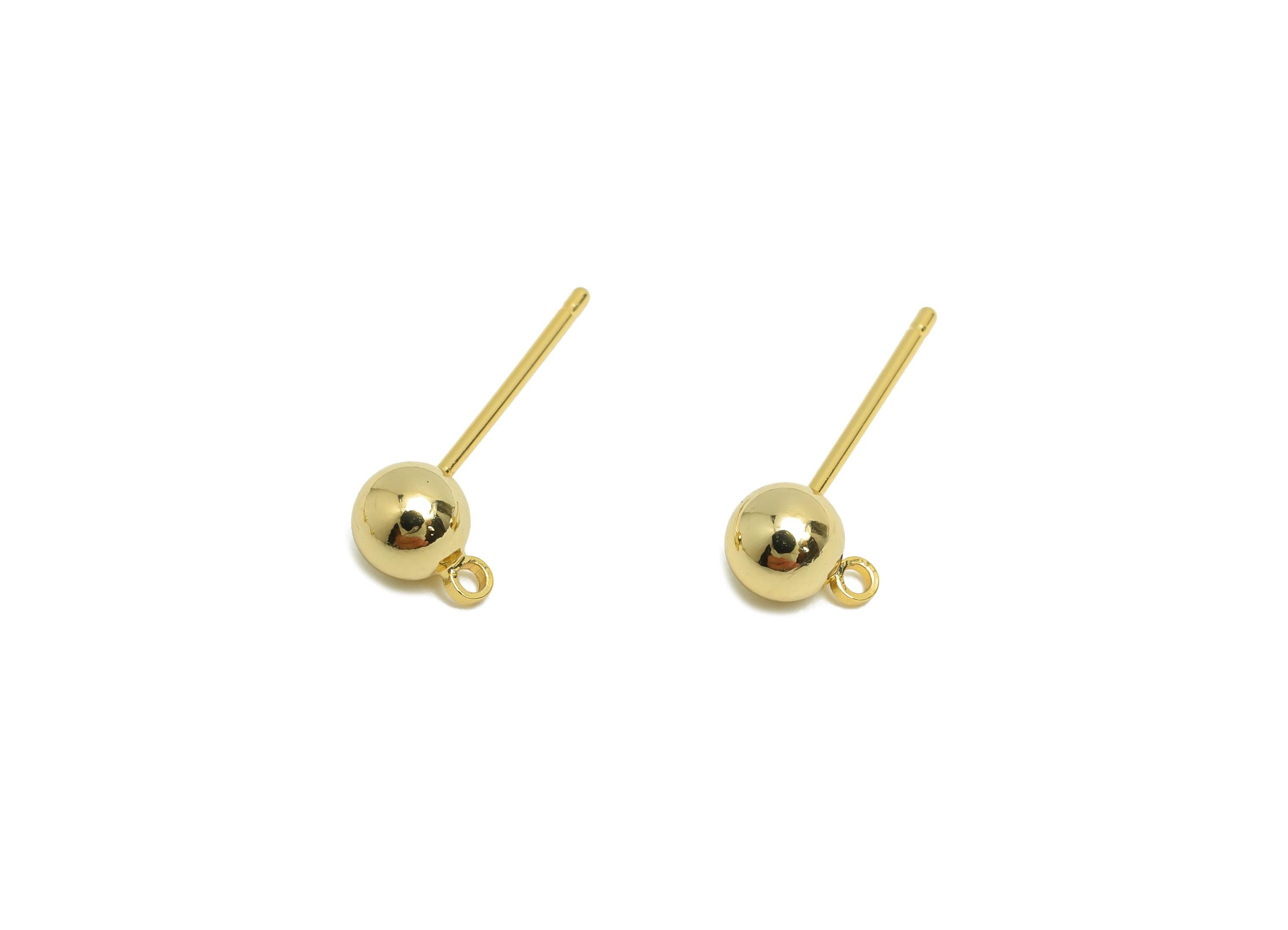 5mm Ball Earring Stud - Brass Mini Ball Earring for Girl&#39;s - Gold Tiny Earring Post with Loop - 18K Real Gold Plated- 17.8x7x5mm -RGP8588-5 - DOMEDBAZAAR