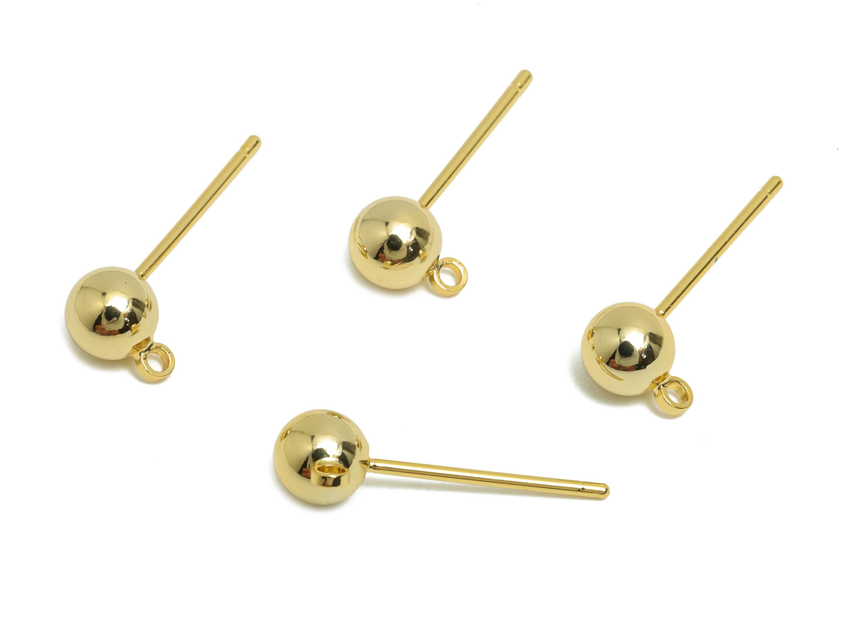 5mm Ball Earring Stud - Brass Mini Ball Earring for Girl&#39;s - Gold Tiny Earring Post with Loop - 18K Real Gold Plated- 17.8x7x5mm -RGP8588-5 - DOMEDBAZAAR