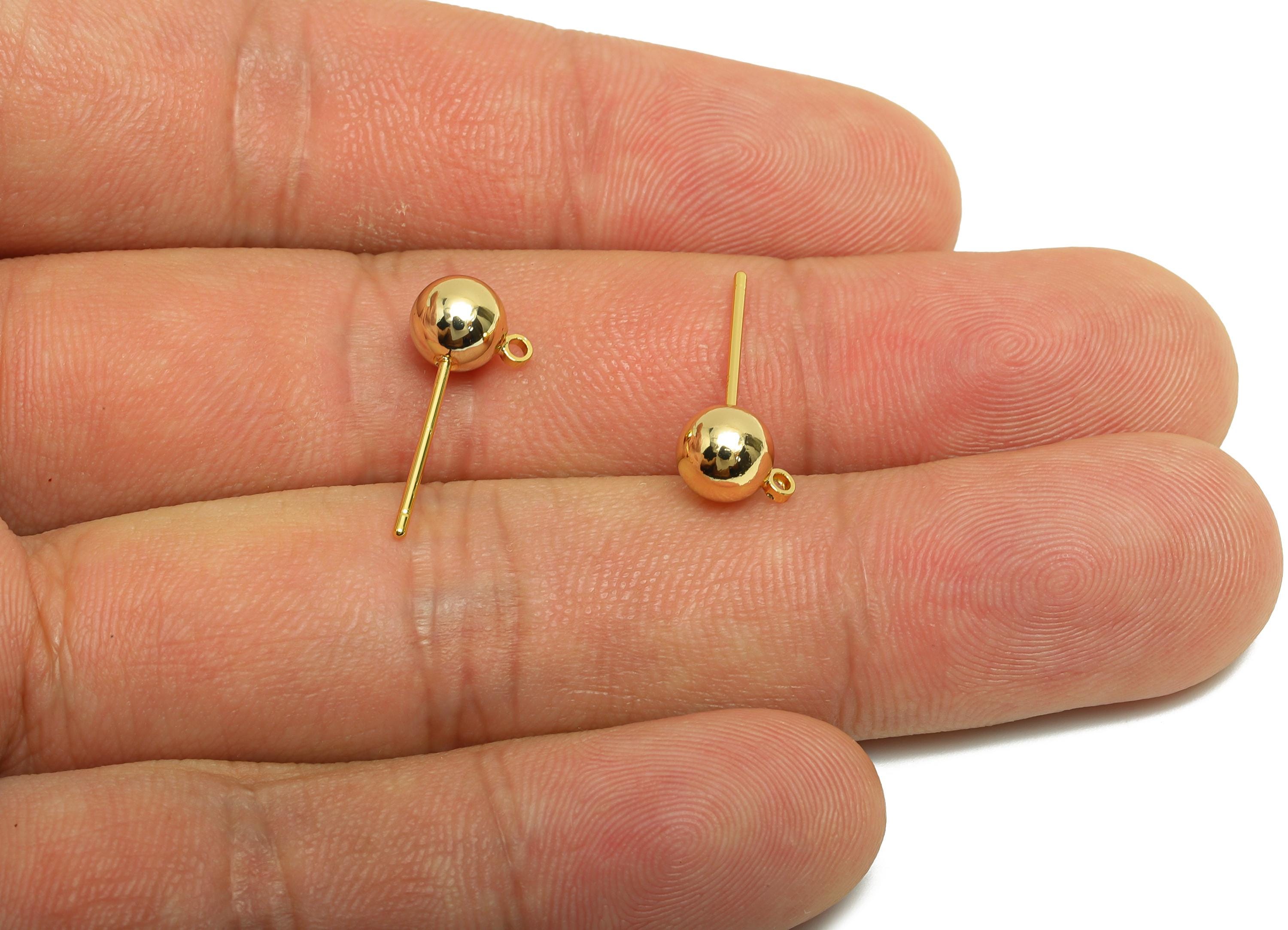 6mm Ball Earring Stud - Brass Beads Ball Earring for Girl&#39;s - Gold Earring Post with Loop - 18K Real Gold Plated - 18.8x7.7x6mm - RGP8588-6 - DOMEDBAZAAR