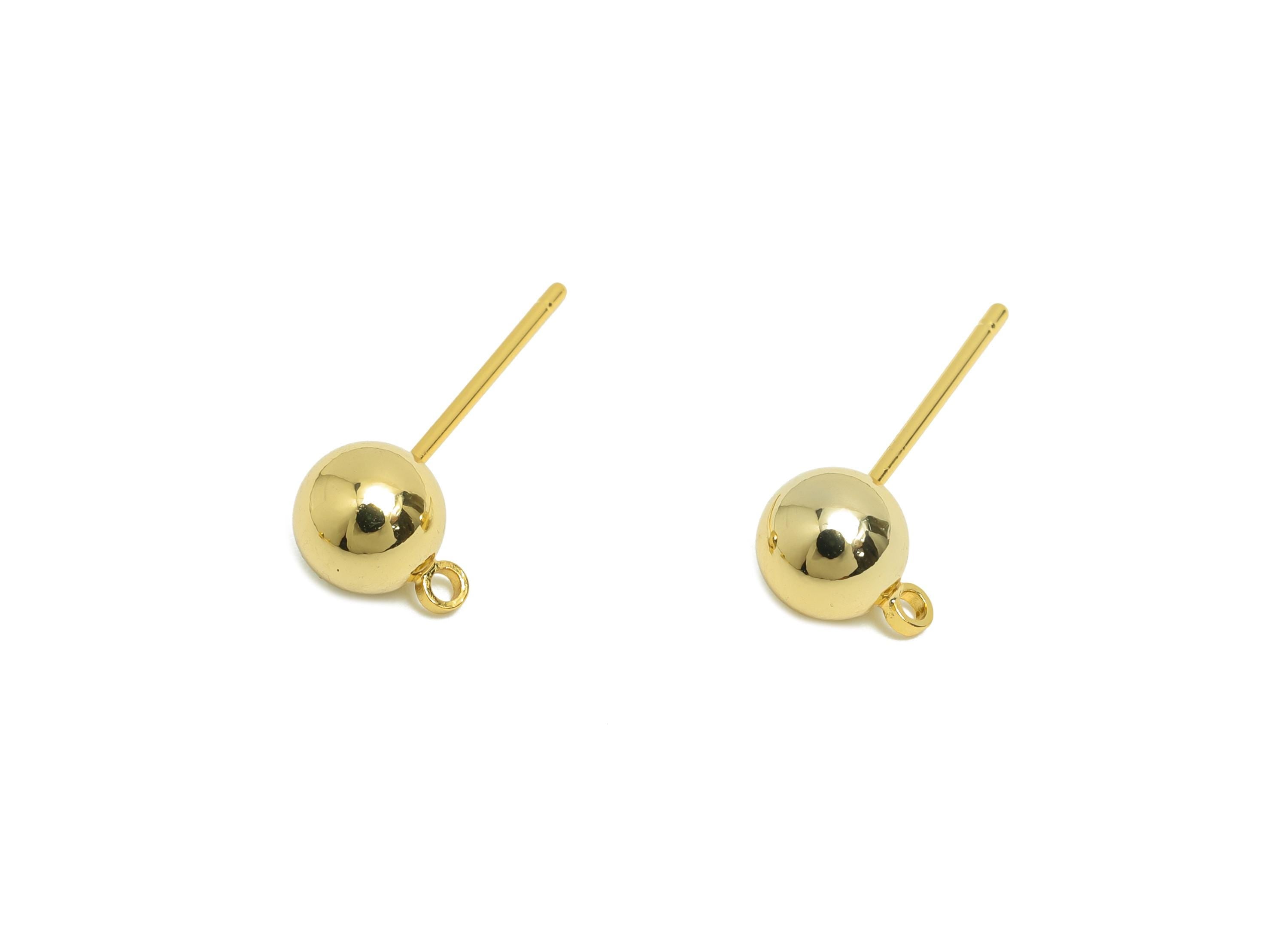 6mm Ball Earring Stud - Brass Beads Ball Earring for Girl&#39;s - Gold Earring Post with Loop - 18K Real Gold Plated - 18.8x7.7x6mm - RGP8588-6 - DOMEDBAZAAR