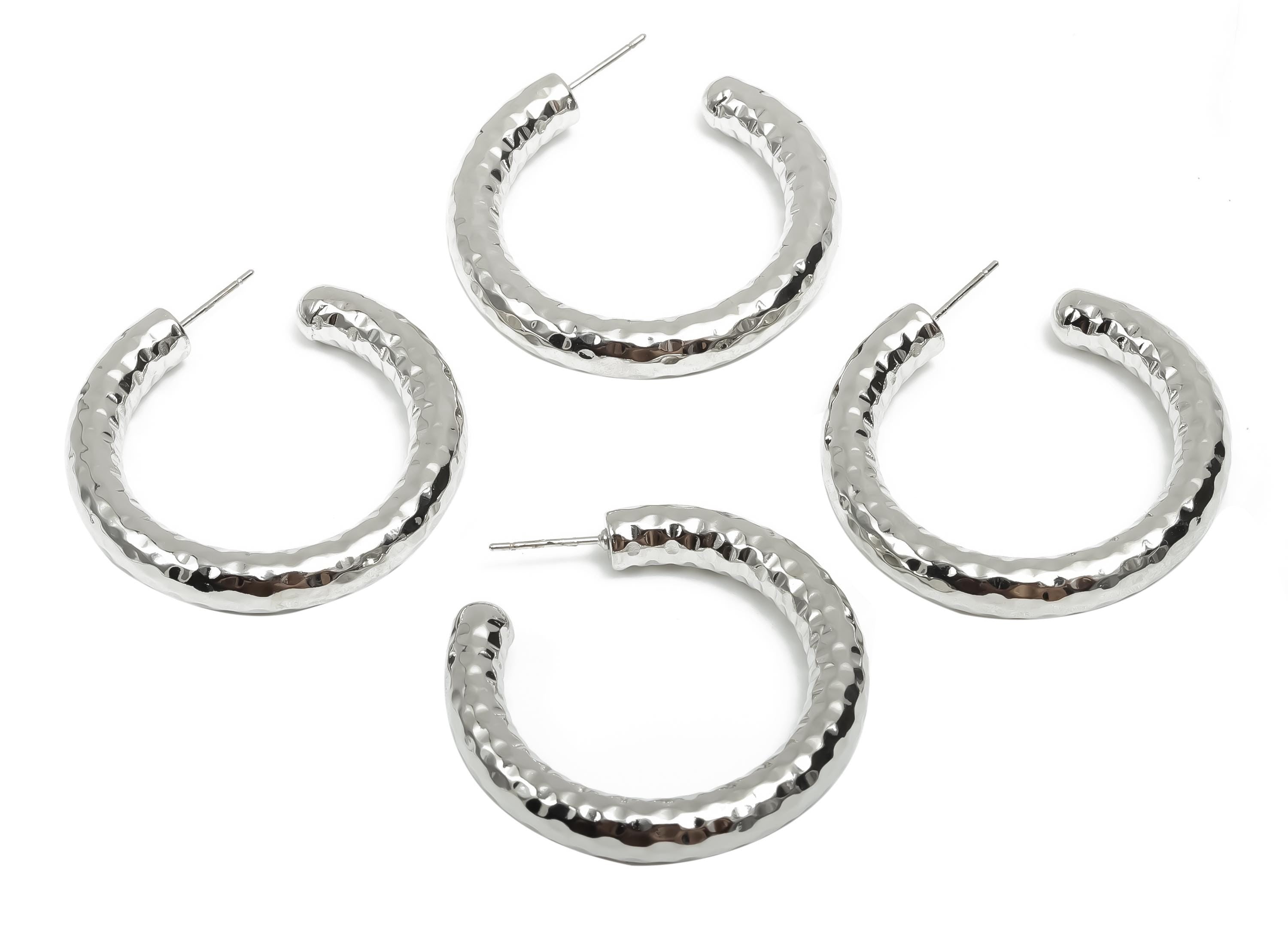 Brass Hoop Earring Stud - Thick Open Hoop Earring Post - Brass Textured Hoop Earring Post - 18K Real White Gold Plating - 40x39x6mm -RGP8112 - DOMEDBAZAAR