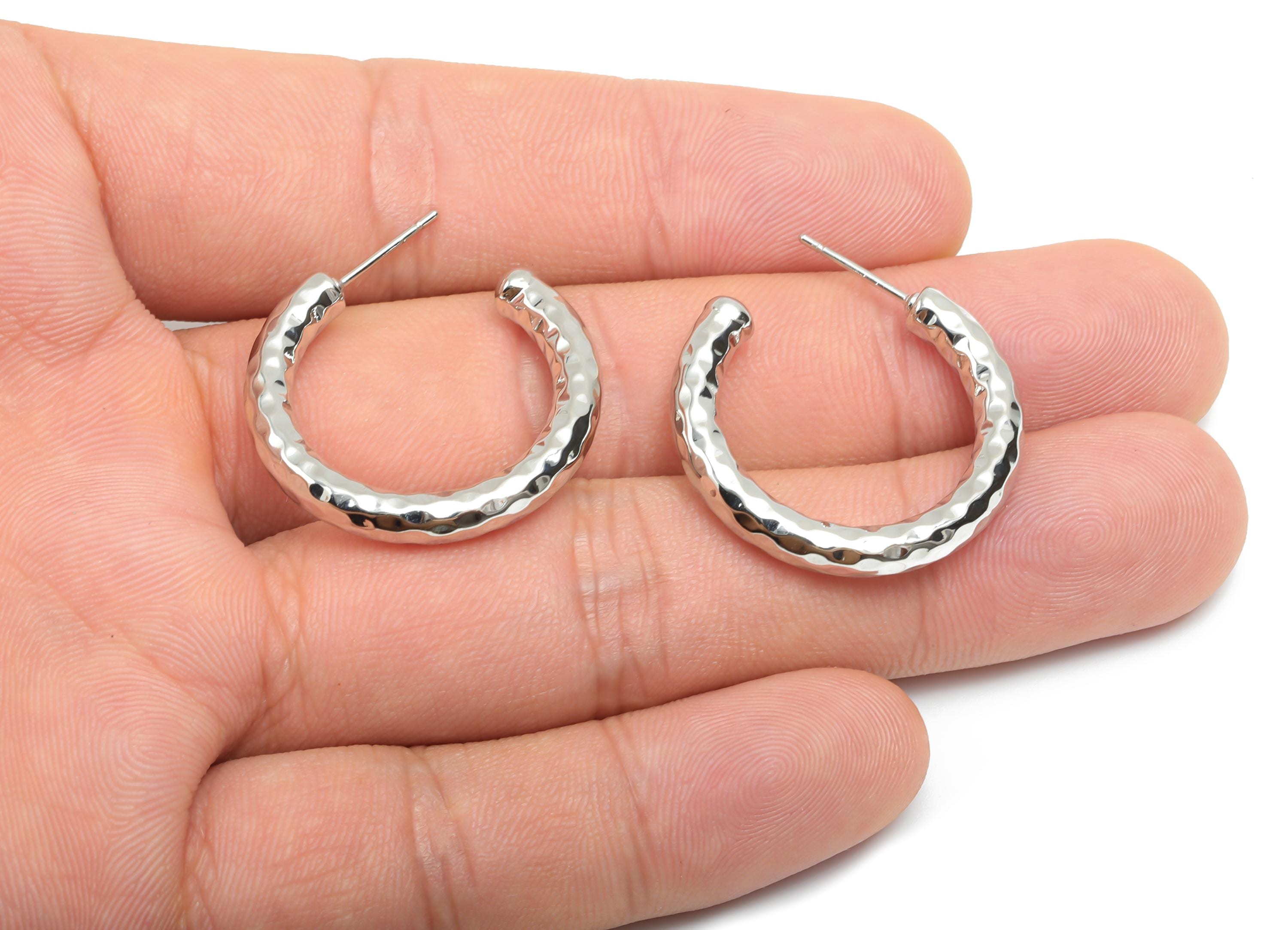 Brass Hoop Earring Stud - Thick Open Hoop Earring Post - Textured Hoop Earring Post - 18K Real White Gold Plating - 30x27x3.94mm - RGP8109 - DOMEDBAZAAR