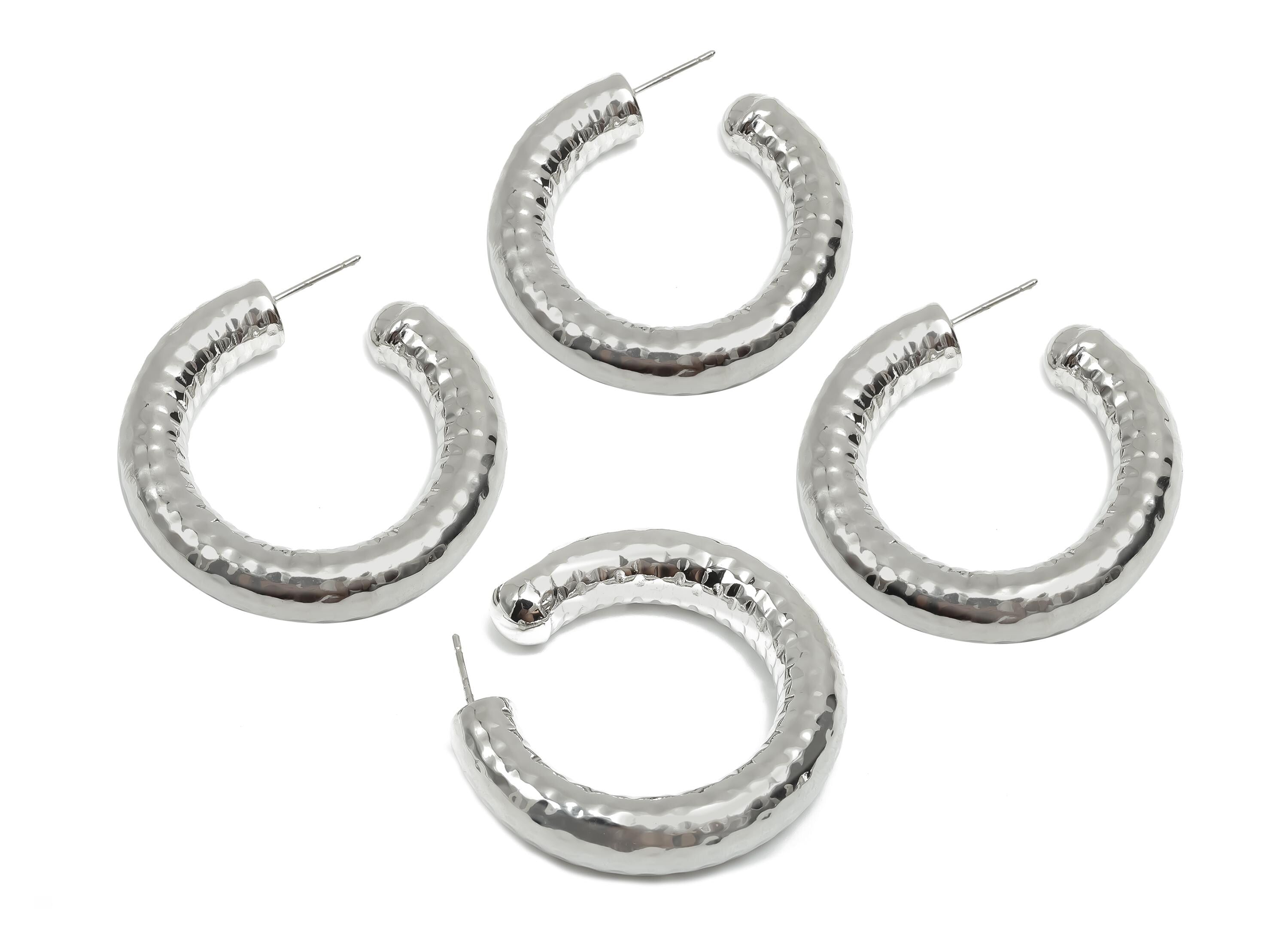 Brass Hoop Earring Stud - Thick Open Hoop Earring Post - Textured Hoop Earring Post - 18K Real White Gold Plating - 40x40x8mm - RGP8111 - DOMEDBAZAAR