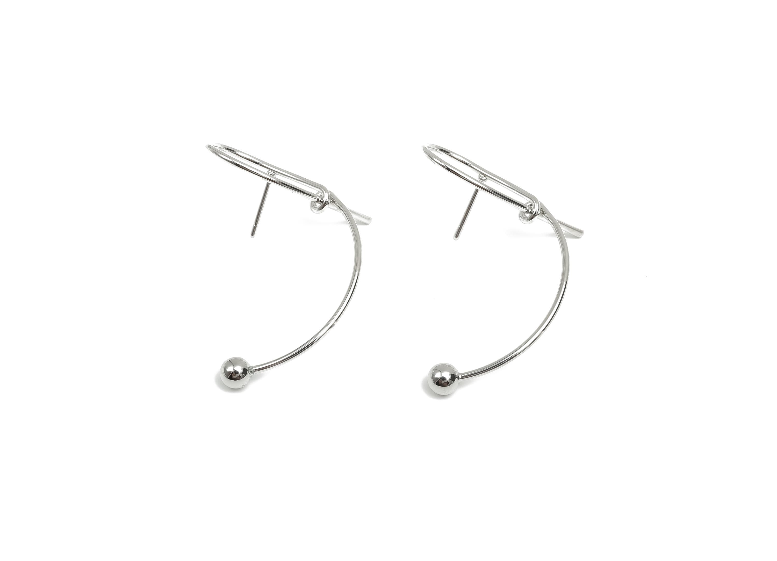 Brass Knot Wire Earring Stud - Bent Ball Wire Earring Post - Curved Bead Earring Post - 18K Real White Gold Plating - 44x25x1.06mm - RGP8096 - DOMEDBAZAAR