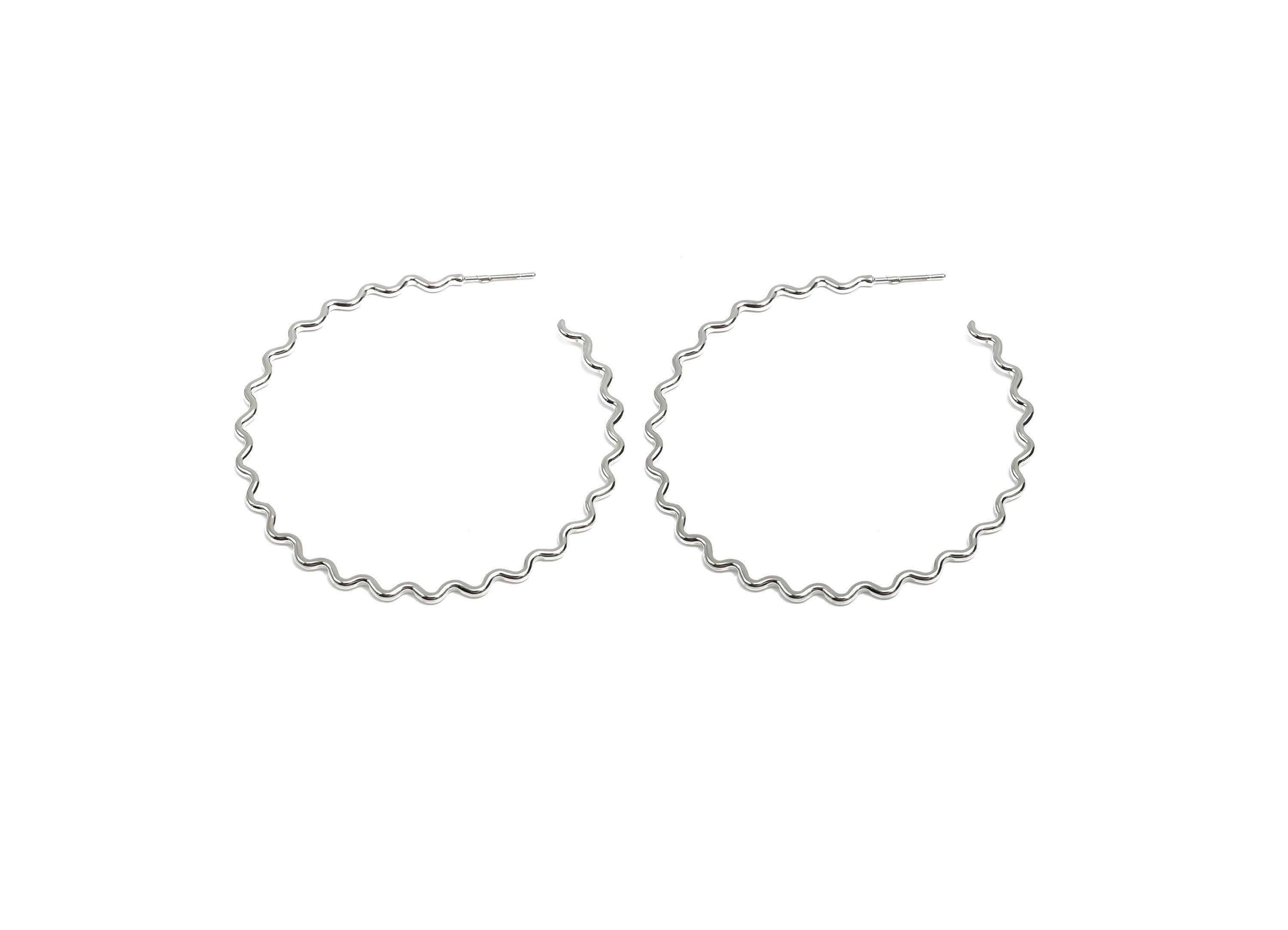 Brass Hoop Earring Stud - Brass Open Hoop Earring Post - Brass Wavy Hoop Earring Post - 18K Real White Gold Plated - 53x53x1.48mm - RGP8100 - DOMEDBAZAAR