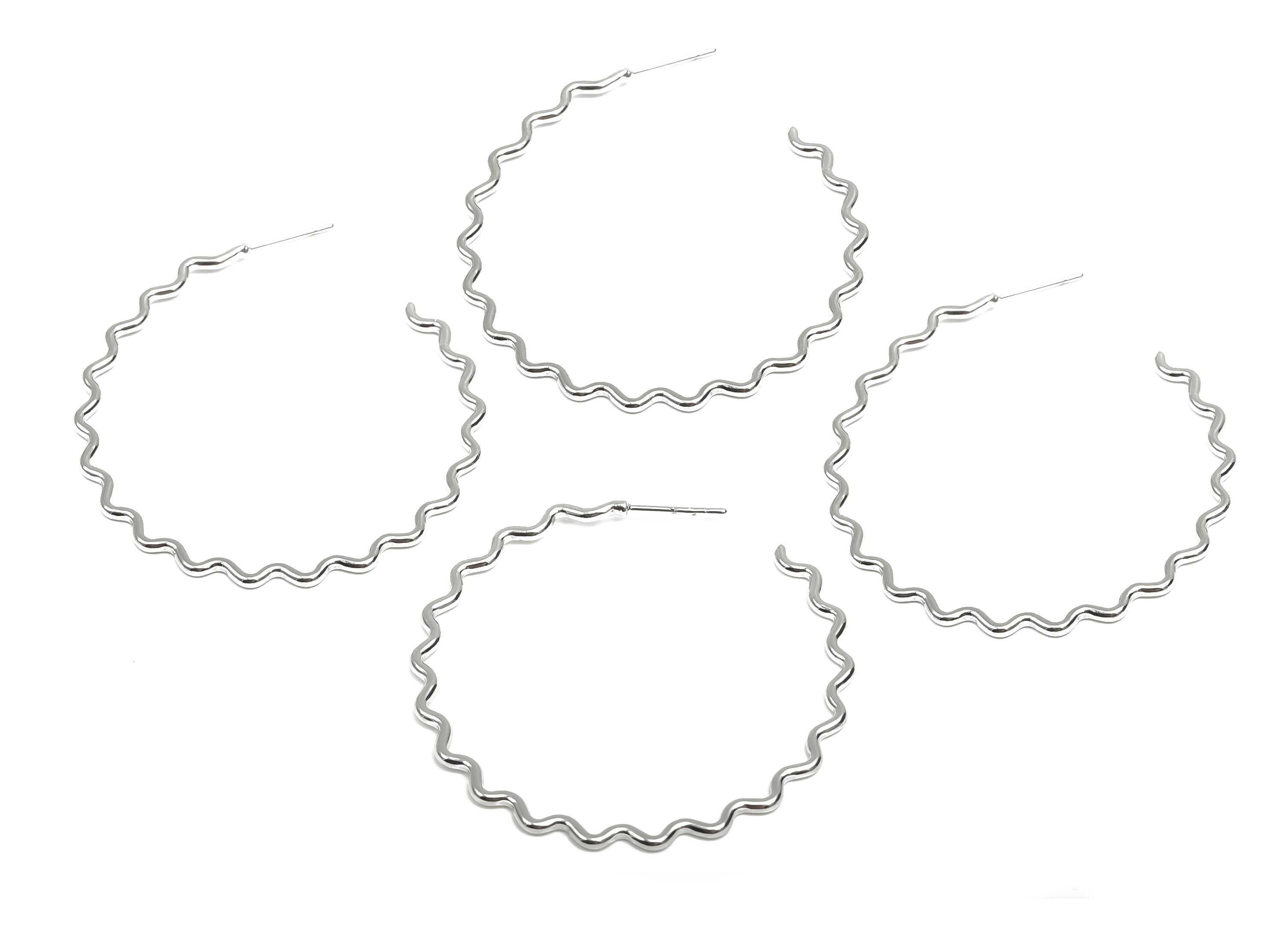 Brass Hoop Earring Stud - Brass Open Hoop Earring Post - Brass Wavy Hoop Earring Post - 18K Real White Gold Plated - 46x44x1.38mm - RGP8101 - DOMEDBAZAAR