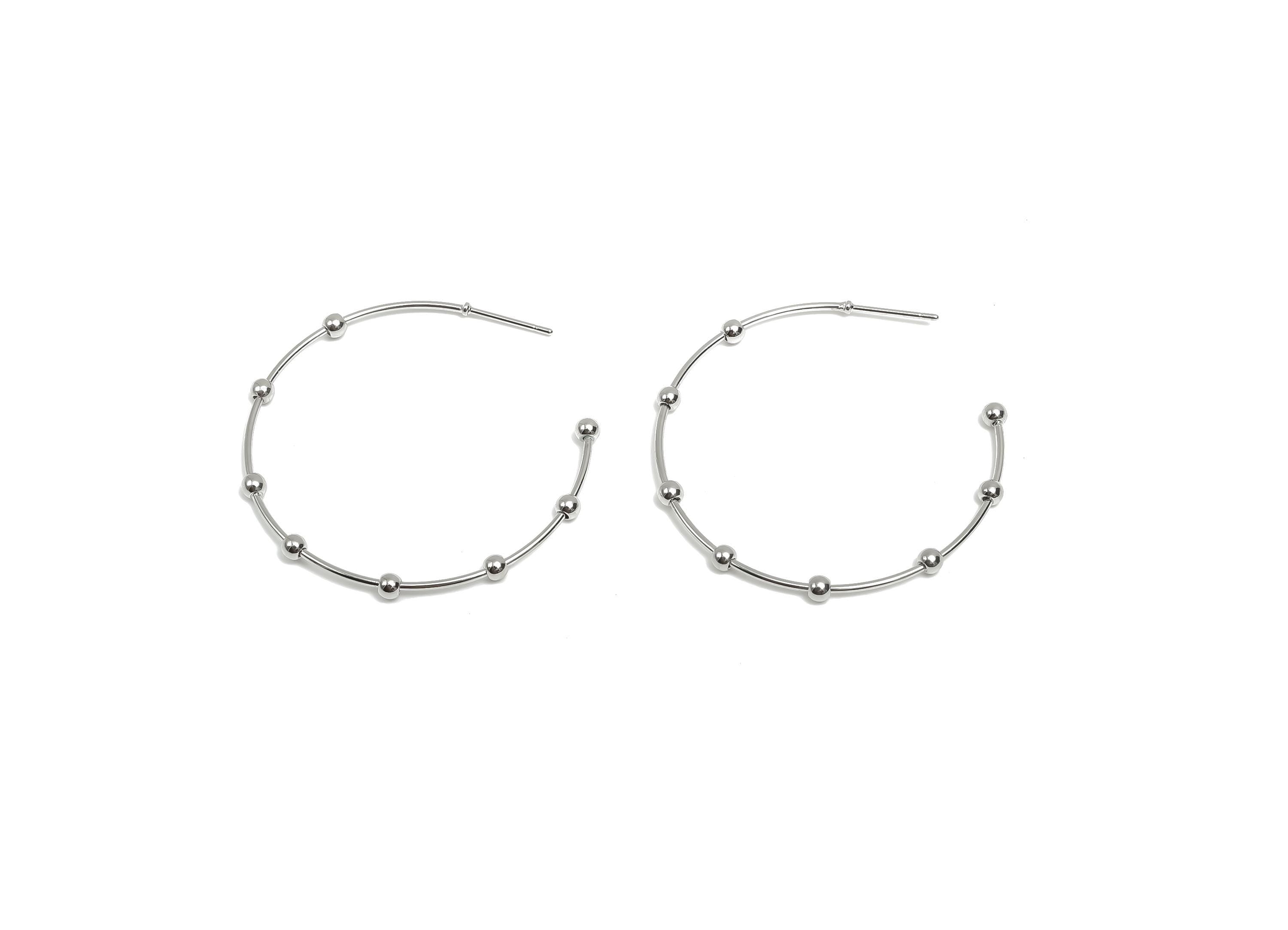 Brass Hoop Earring Stud - Brass Open Hoop Earring Post - Geometry Beaded Hoop Earring Post - 18K Real White Gold Plated - 41x40x2mm -RGP8098 - DOMEDBAZAAR