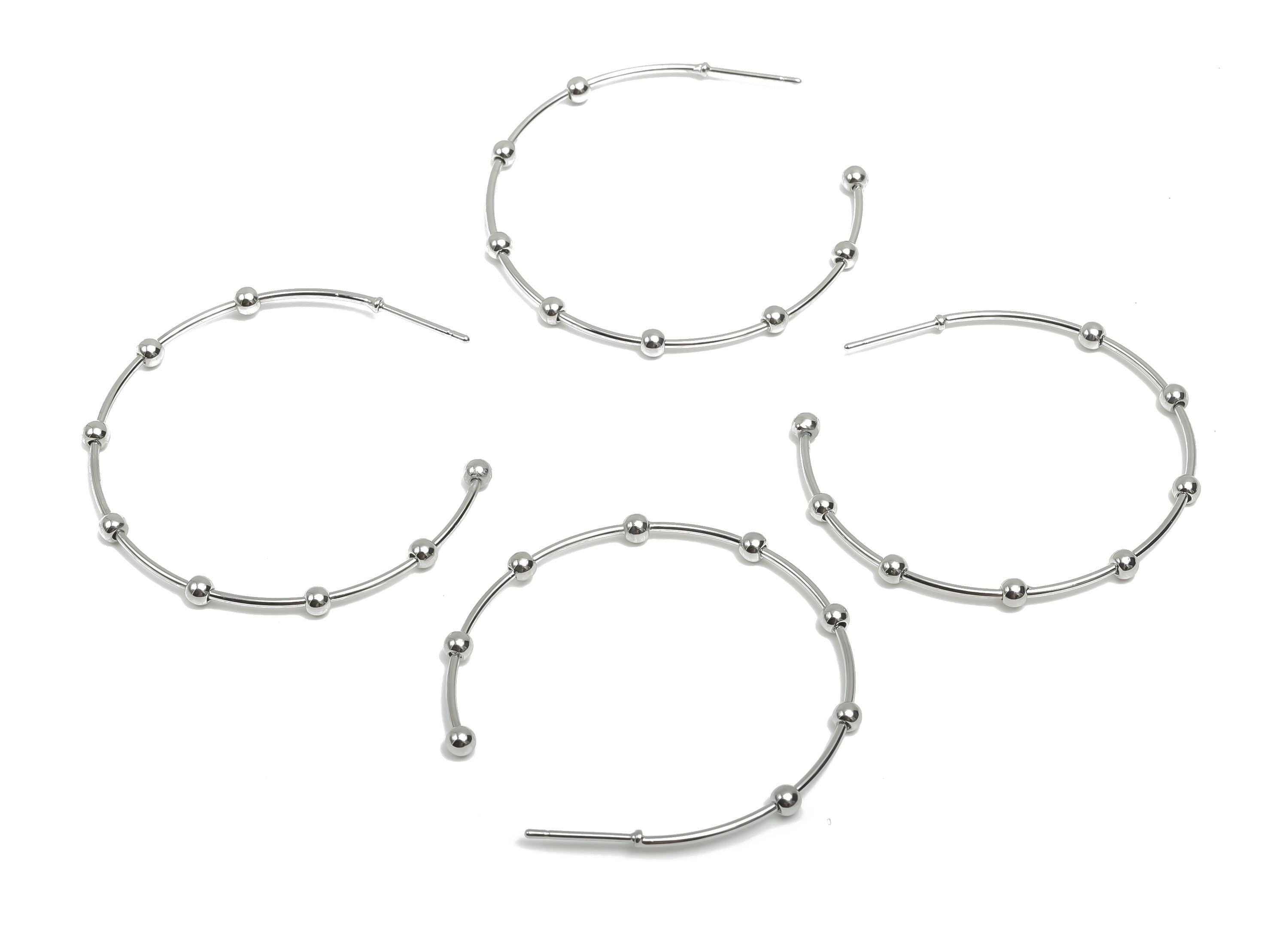 Brass Hoop Earring Stud - Brass Open Hoop Earring Post - Geometry Beaded Hoop Earring Post - 18K Real White Gold Plated - 41x40x2mm -RGP8098 - DOMEDBAZAAR