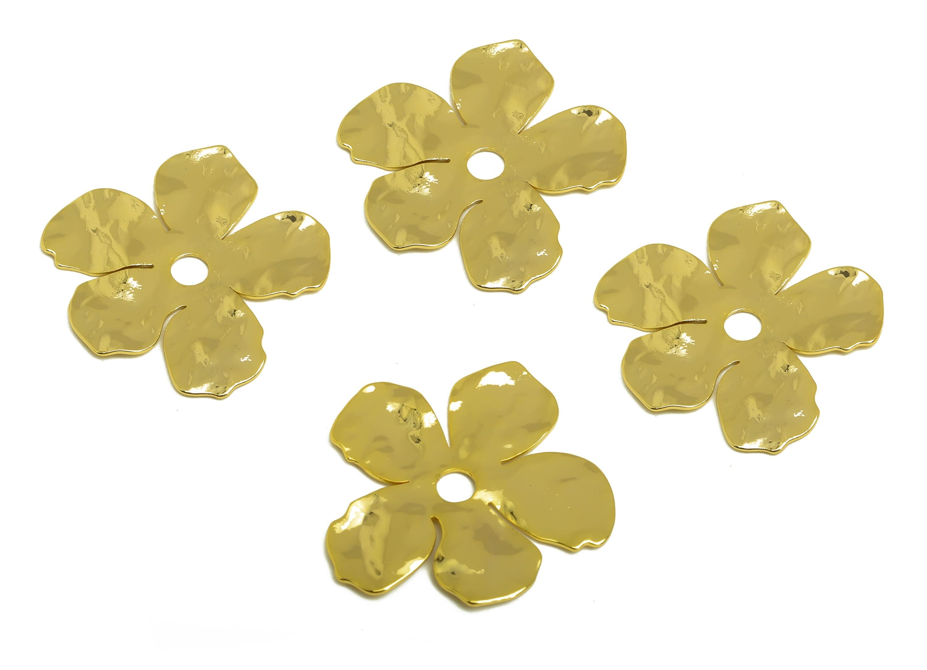 Brass Flower Earring Charm - Gold Hammered Flower Charm - Botanical Hammered Flower Pendant - 18K Real Gold Plated -22.84x21x0.63mm- RGP7974 - DOMEDBAZAAR