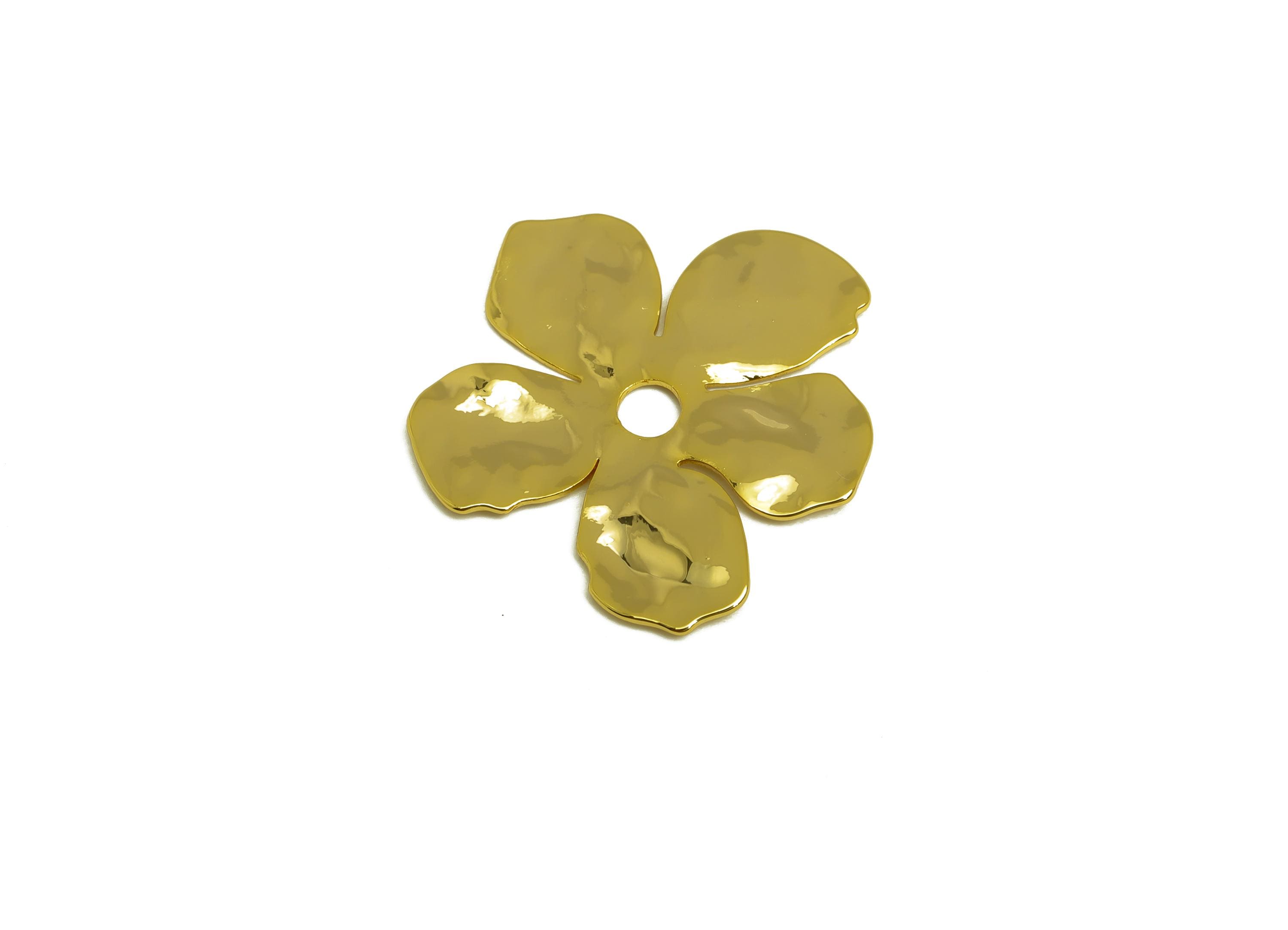 Brass Flower Earring Charm - Gold Hammered Flower Charm - Botanical Hammered Flower Pendant - 18K Real Gold Plated -22.84x21x0.63mm- RGP7974 - DOMEDBAZAAR