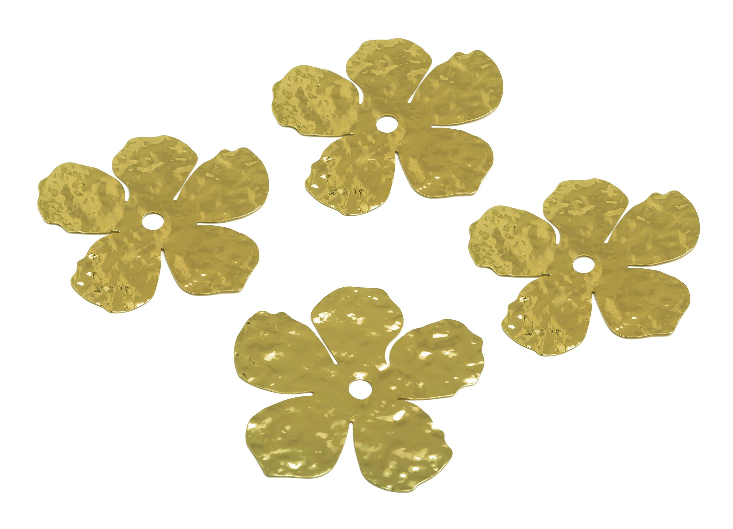 Brass Flower Ear Charm - Gold Hammered Flower Charm - Botanical Hammered Flower Pendant - 18K Real Gold Plated - 67.45x65.9x0.77mm - RGP7975 - DOMEDBAZAAR