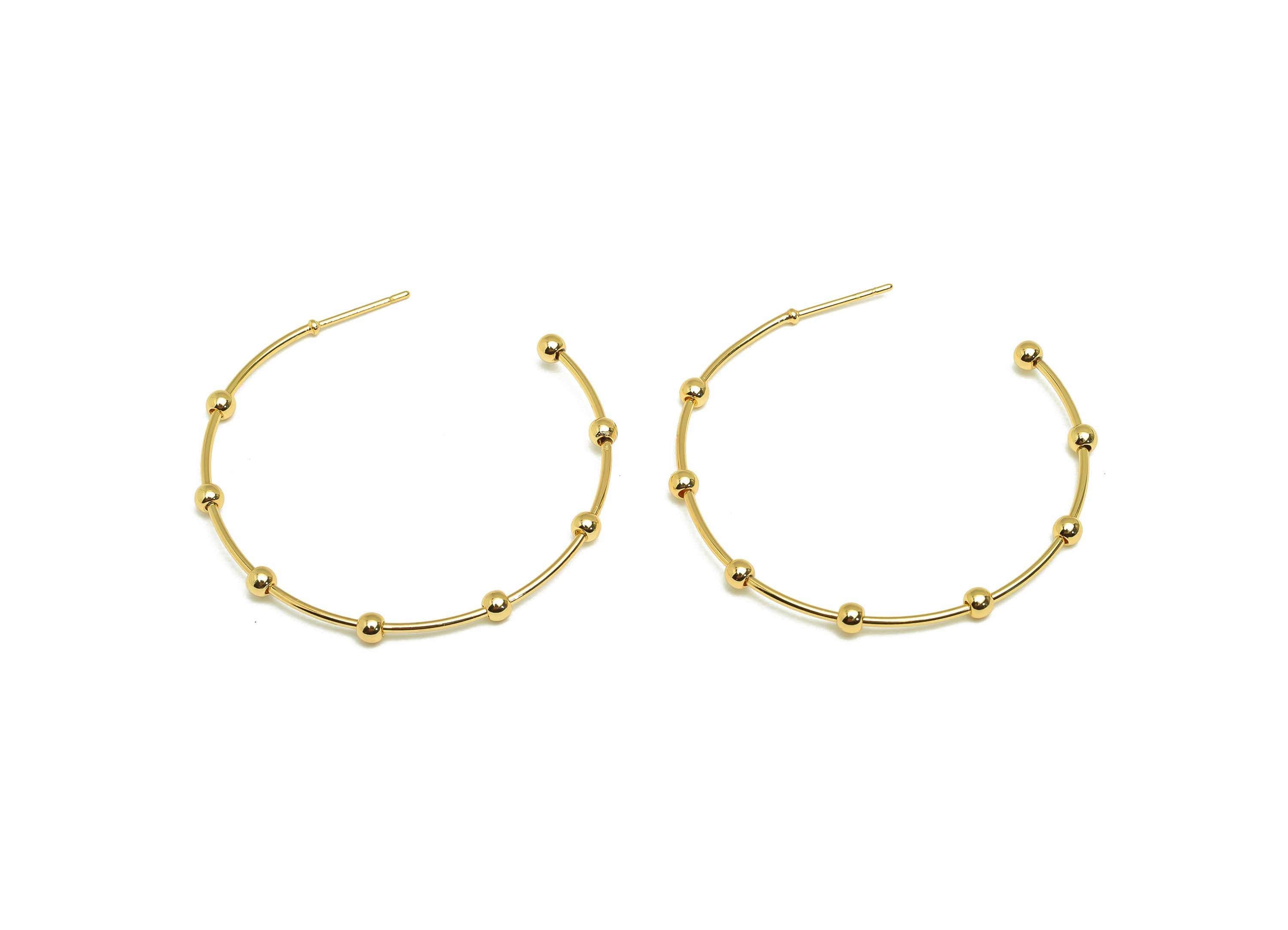 Brass Hoop Earring Stud - Brass Open Hoop Earring Post - Geometry Beaded Hoop Earring Post - 18K Real Gold Plated - 41x40x2mm -RGP7856 - DOMEDBAZAAR