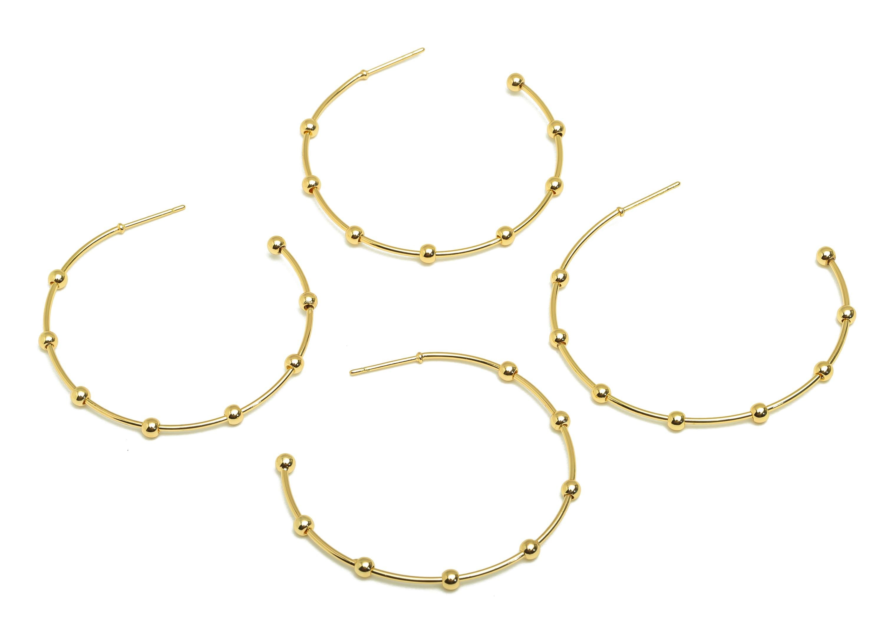 Brass Hoop Earring Stud - Brass Open Hoop Earring Post - Geometry Beaded Hoop Earring Post - 18K Real Gold Plated - 41x40x2mm -RGP7856 - DOMEDBAZAAR