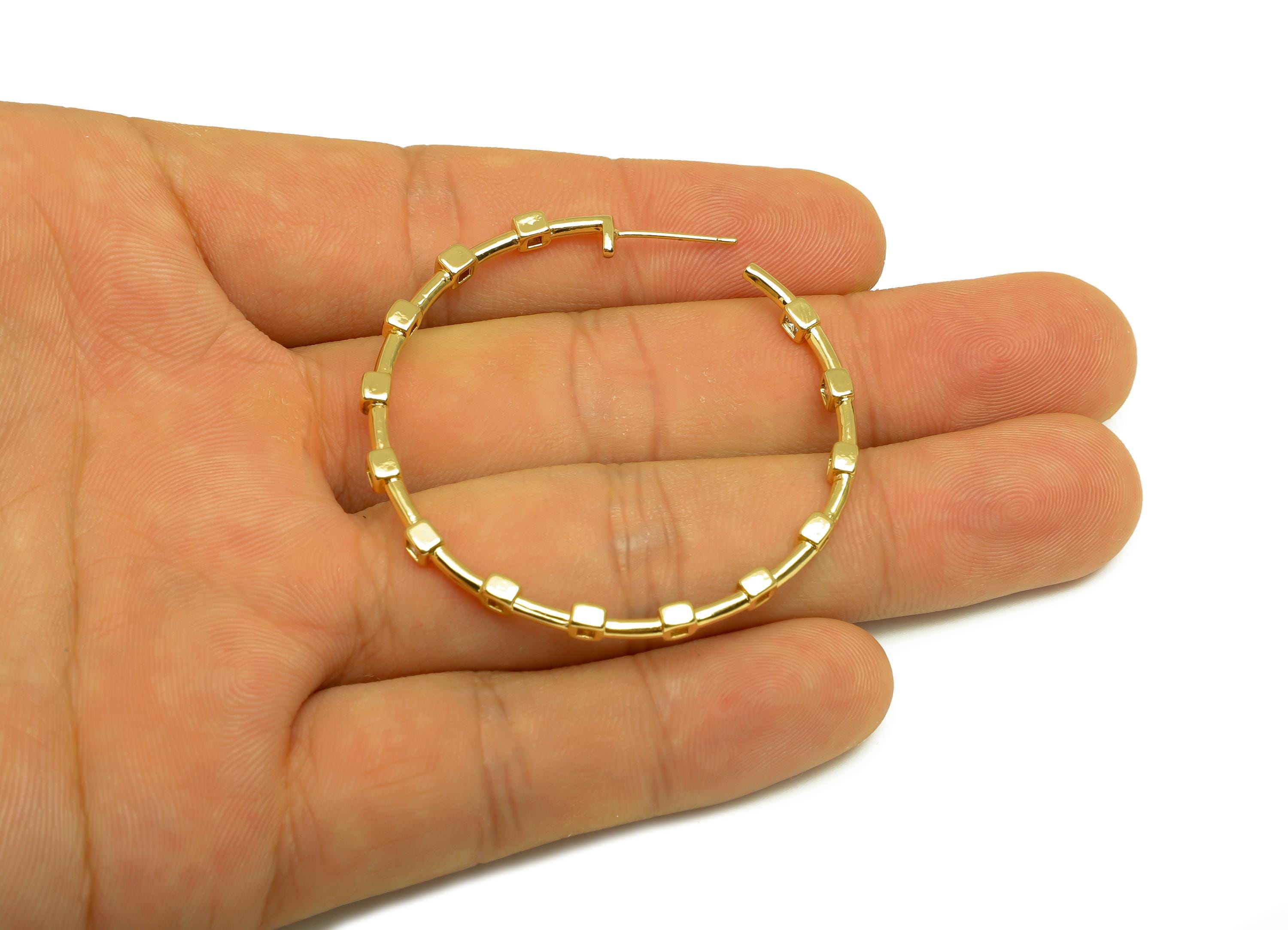 Brass Round Hoop Earring - Gold Square Zircon C Earring Stud - CZ Open Round Earring Post - 18K Real Gold Plated- 44.23x44.23x2.74mm-RGP7982 - DOMEDBAZAAR
