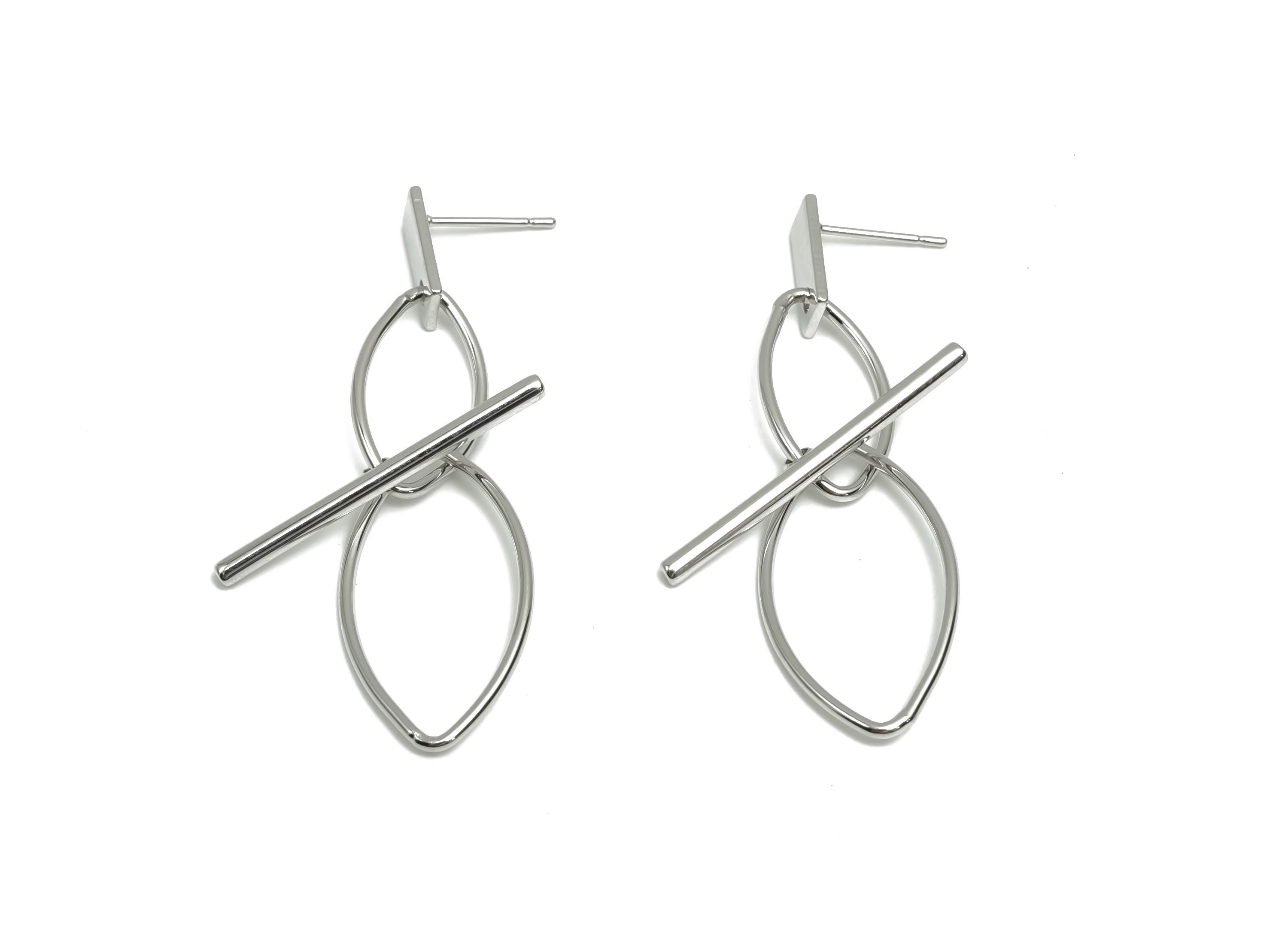 Brass Dangle Wire Earring Post - Brass Marquise Earring Post - Interlock Earring Post  - 18K Real White Gold Plating - 52x14x1mm - RGP8057 - DOMEDBAZAAR