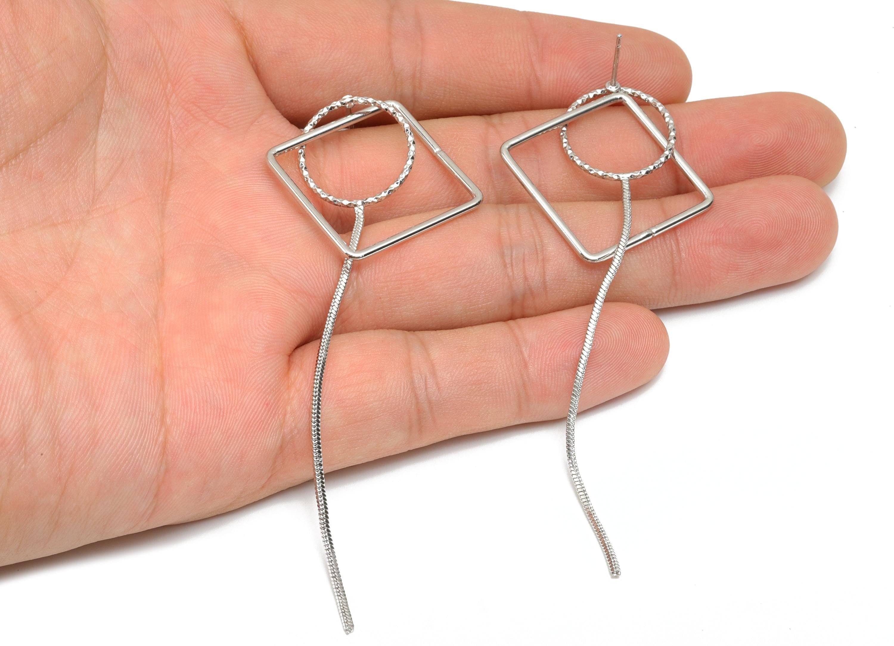 Brass Square Earring Post -  Brass Textured Tassel  Earring Post - Chain Earring Post - 18K Real White Gold Plating - 88x32x1mm - RGP8058 - DOMEDBAZAAR