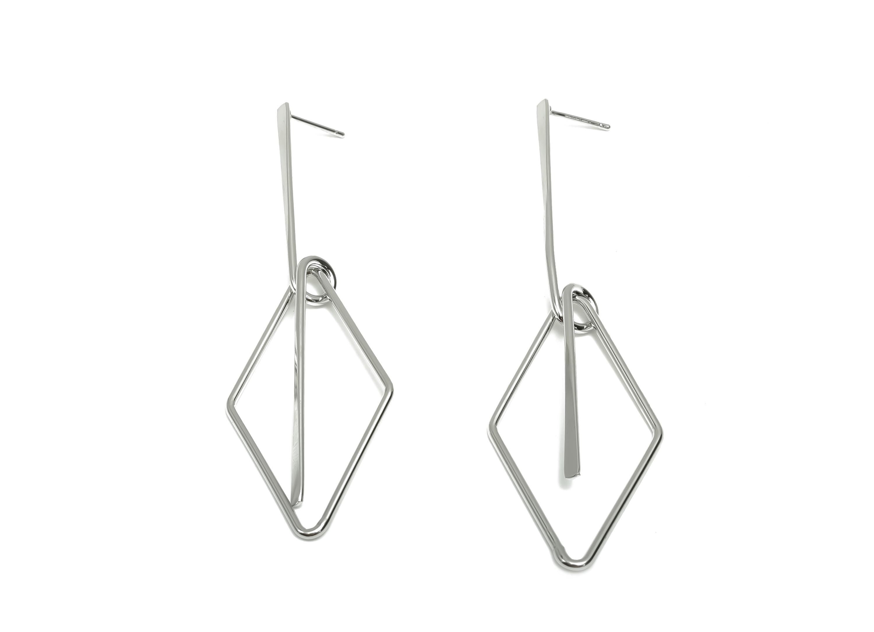 Brass Hammered Earring Post -  Brass Diamond Earring Post - Brass Rhombic Earring Post - 18K Real White Gold Plating - 81x24x0.7mm - RGP8066 - DOMEDBAZAAR