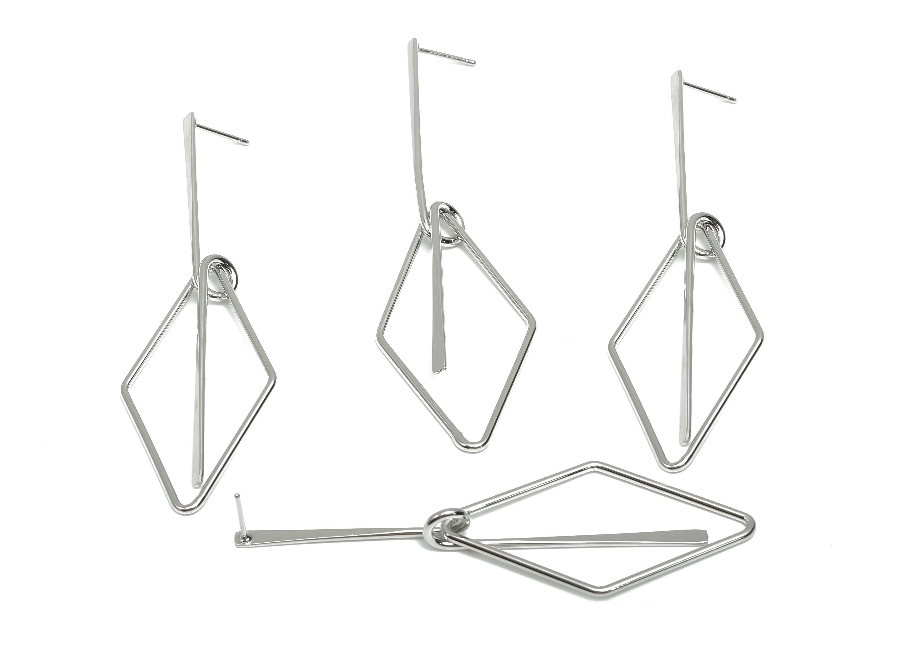 Brass Hammered Earring Post -  Brass Diamond Earring Post - Brass Rhombic Earring Post - 18K Real White Gold Plating - 81x24x0.7mm - RGP8066 - DOMEDBAZAAR