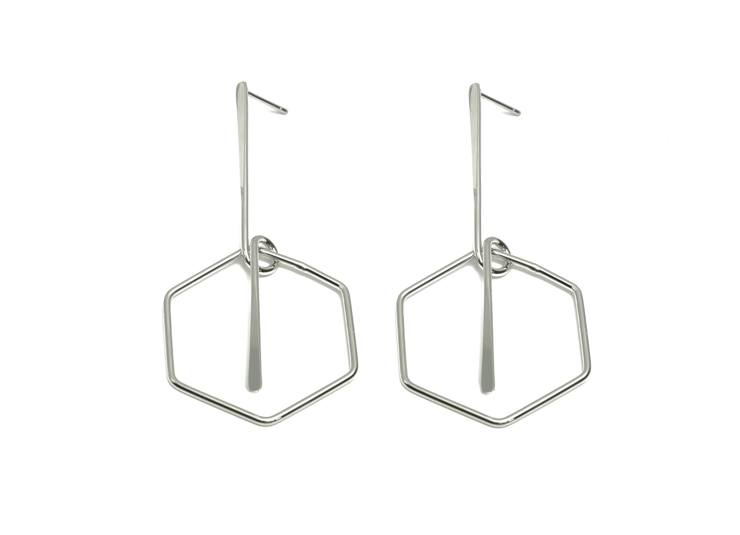 Brass Hammered Earring Post -  Brass Hexagon Earring Post - Brass Dangle Earring Post - 18K Real White Gold Plating - 78x35x0.93mm - RGP8069 - DOMEDBAZAAR