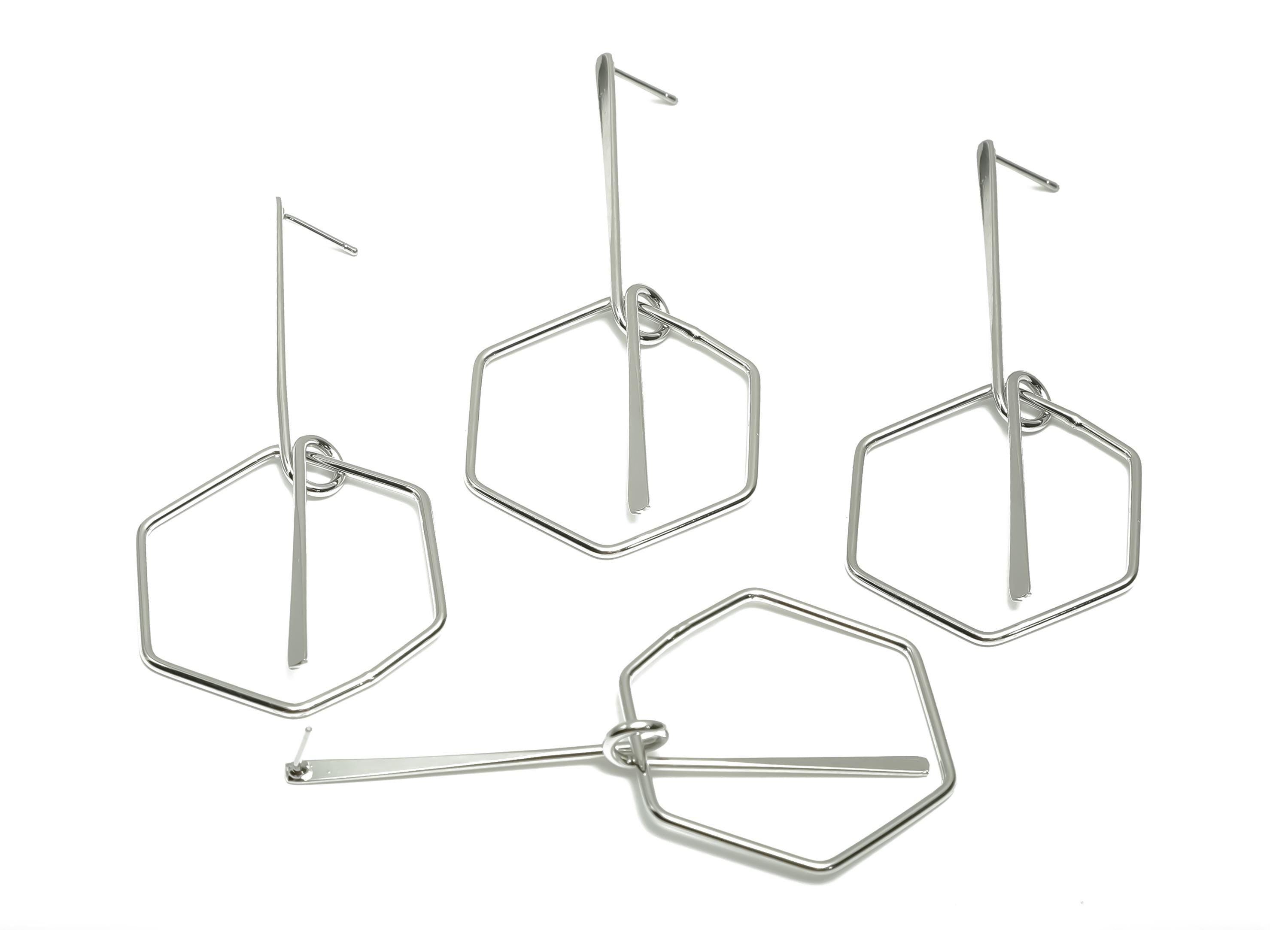 Brass Hammered Earring Post -  Brass Hexagon Earring Post - Brass Dangle Earring Post - 18K Real White Gold Plating - 78x35x0.93mm - RGP8069 - DOMEDBAZAAR