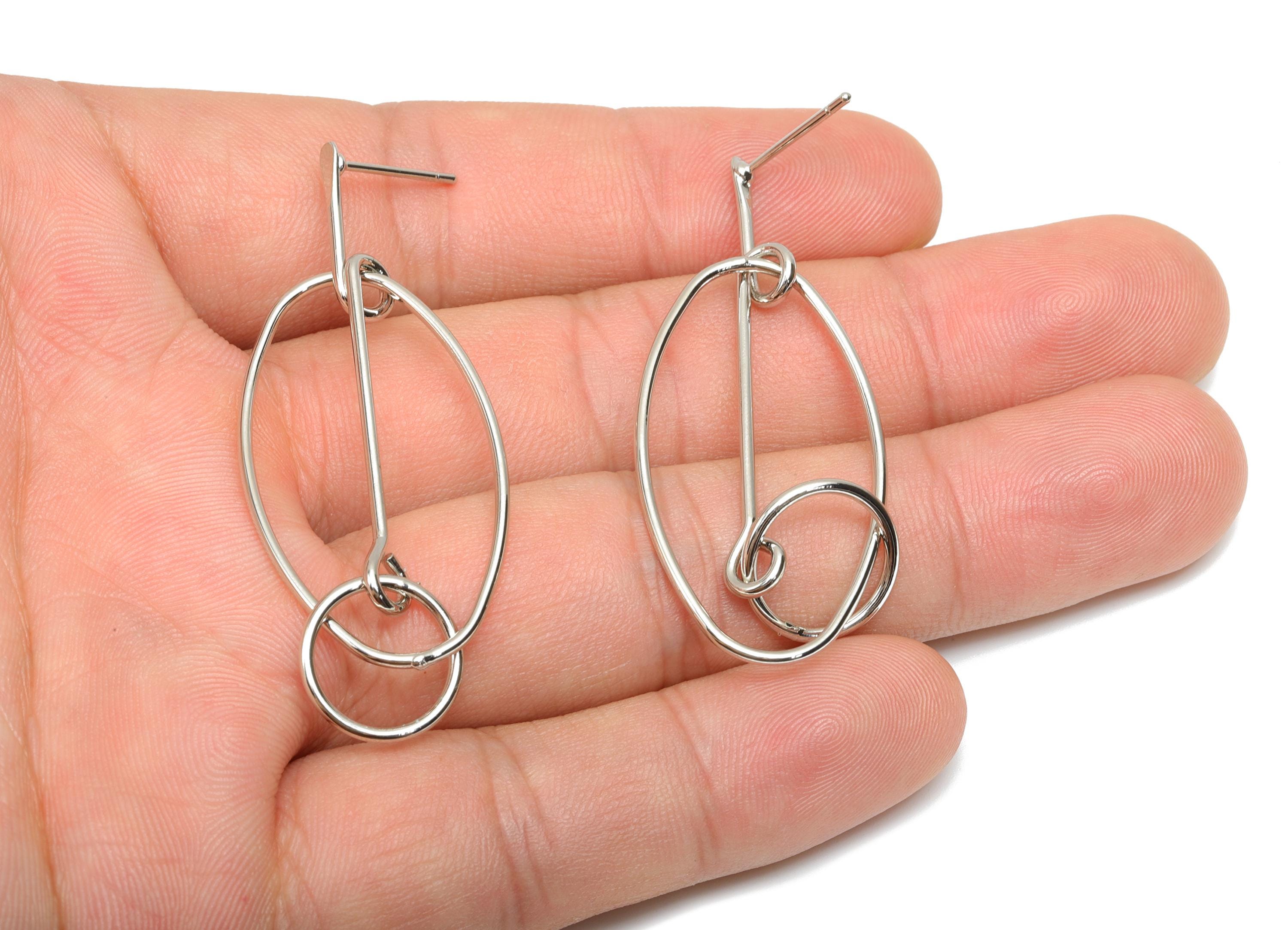 Brass Hammered Earring Post - Brass Dangle Oval Earring Stud - Geometry Earring Post  - 18K Real White Gold Plating - 54x19x1.15mm - RGP8065 - DOMEDBAZAAR