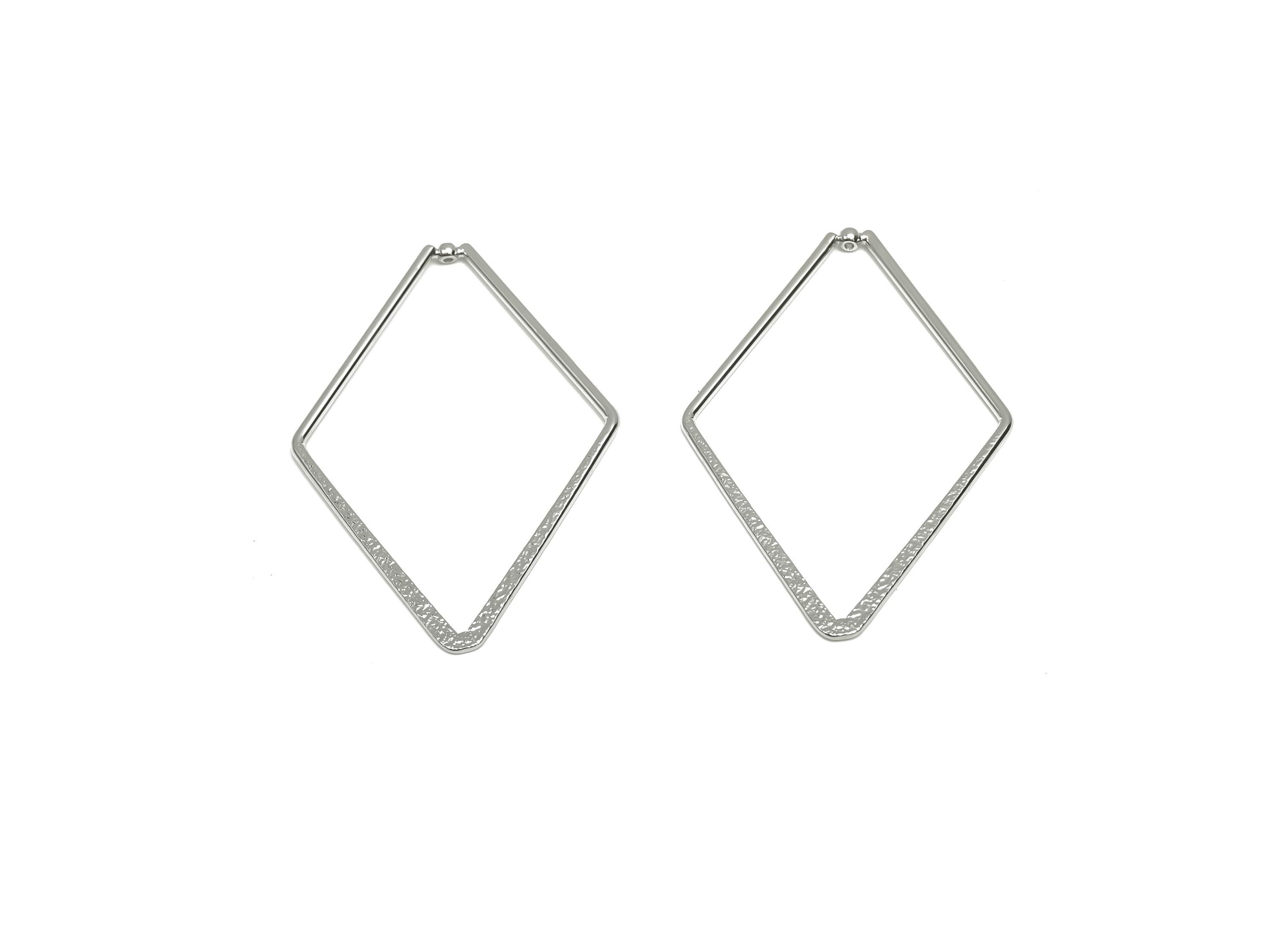 Brass Diamond Earring Charm - Brass Textured Rhombic Earring Charm - Geometry Pendant - 18K Real White Gold Plating - 52x34x1.3mm - RGP8086 - DOMEDBAZAAR