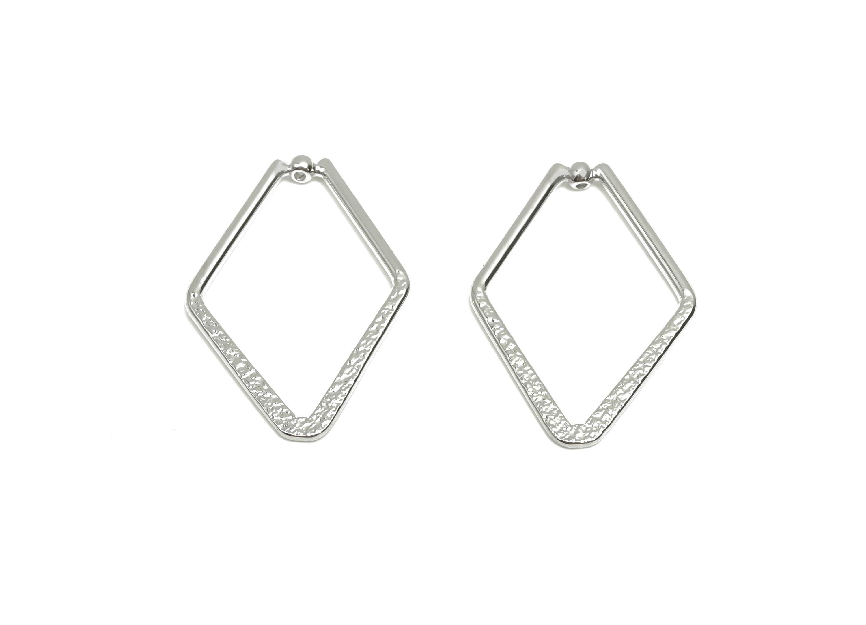 Brass Diamond Earring Charm - Brass Textured Rhombic Earring Charm - Geometry Pendant - 18K Real White Gold Plating - 28x19x1.29mm - RGP8070 - DOMEDBAZAAR