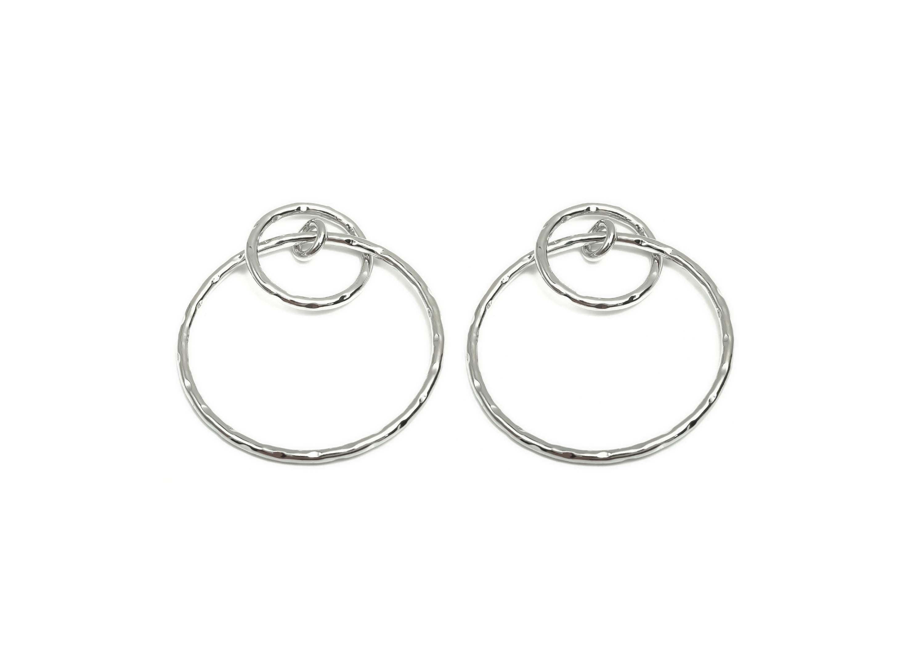 Brass Circle Earring Charm - Brass Textured Earring Charm - Interlock Dangle Earring Charm - 18K Real White Gold Plating - 56x40x1mm-RGP8089 - DOMEDBAZAAR